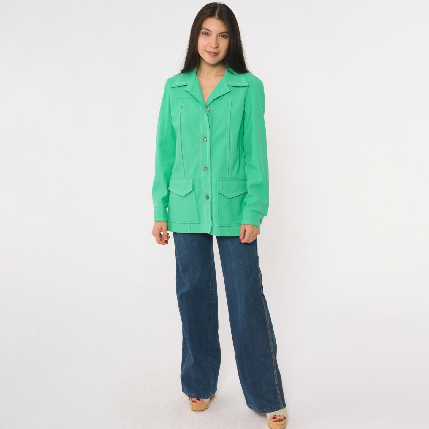 70s Bright Green Shacket Button-Up Shirt Jacket Long Sleeve Small S