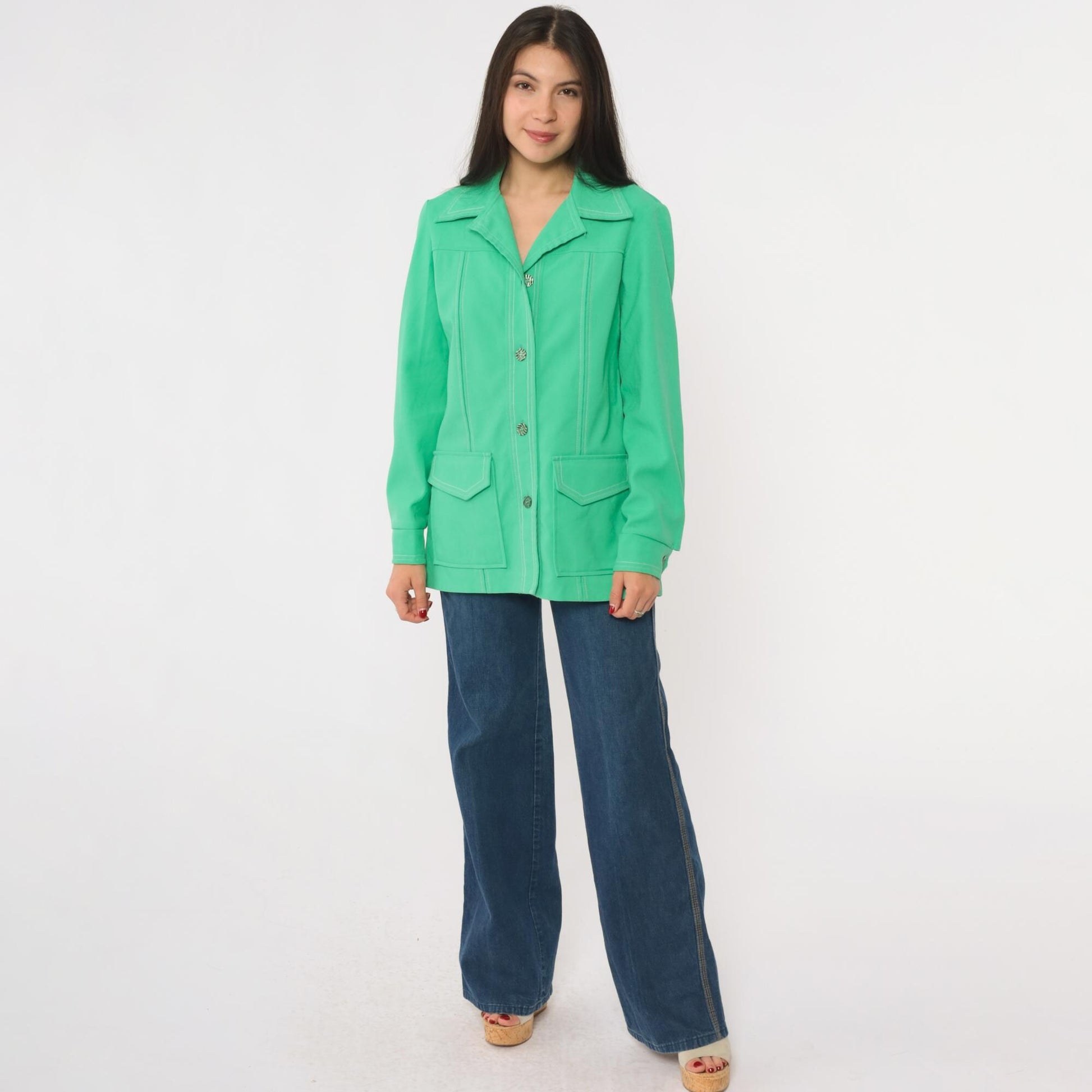 70s Bright Green Shacket Button-Up Shirt Jacket Long Sleeve Small S
