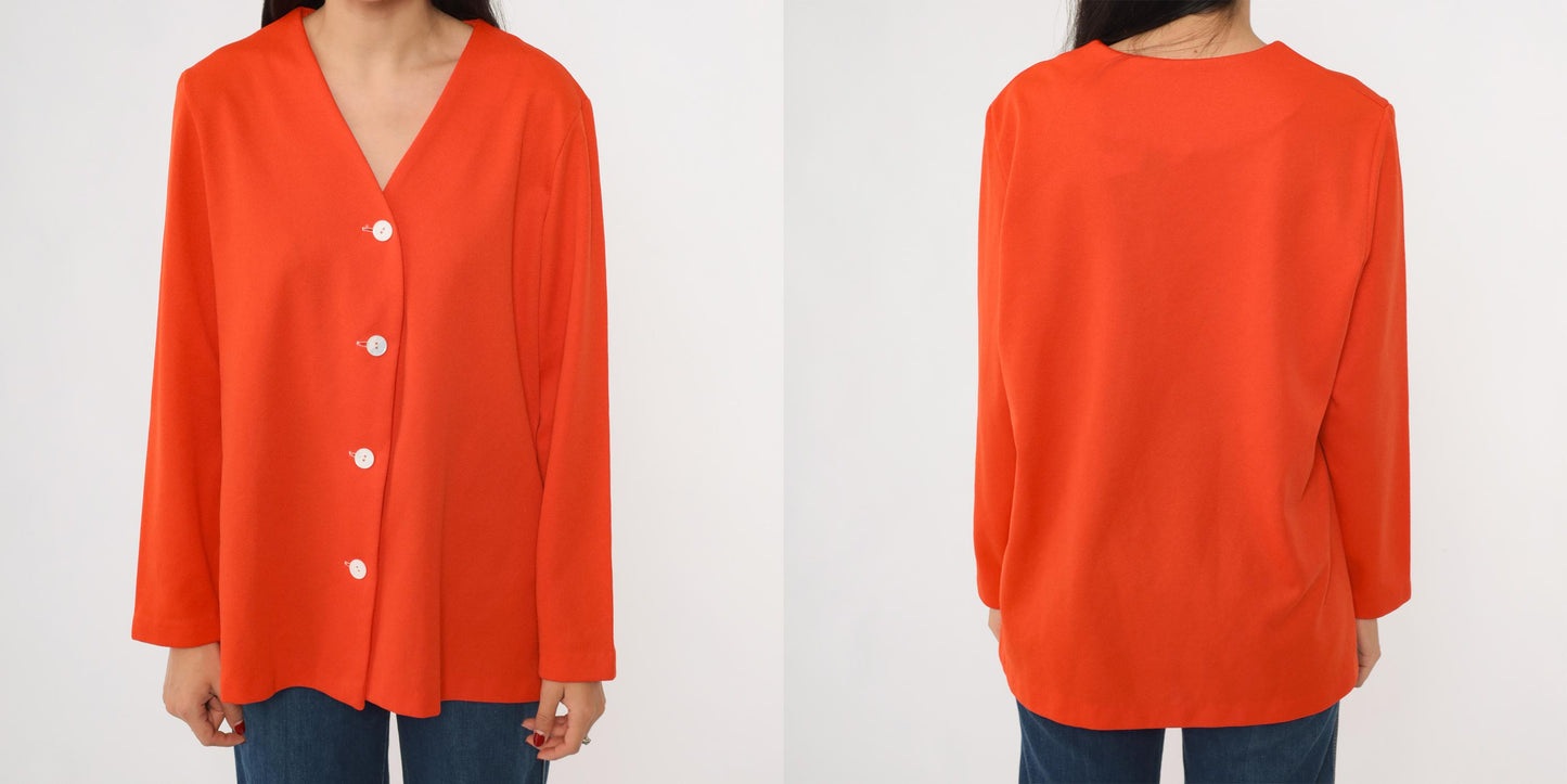 70s Orange V-Neck Button-Up Blouse Long Sleeve Polyester Shirt Medium