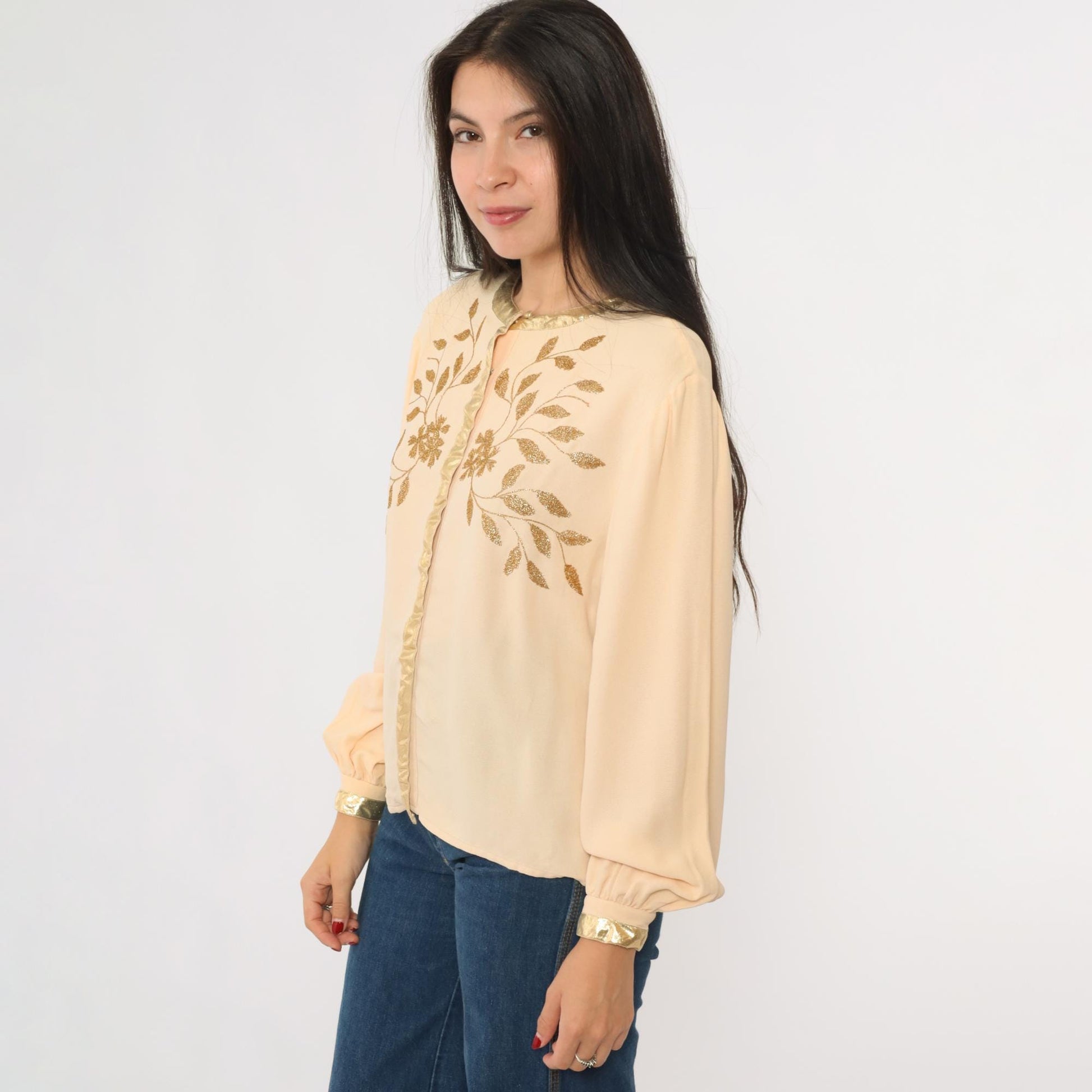 70s Frank Masandrea Peach Crepe Blouse Gold Embroidered Floral Small