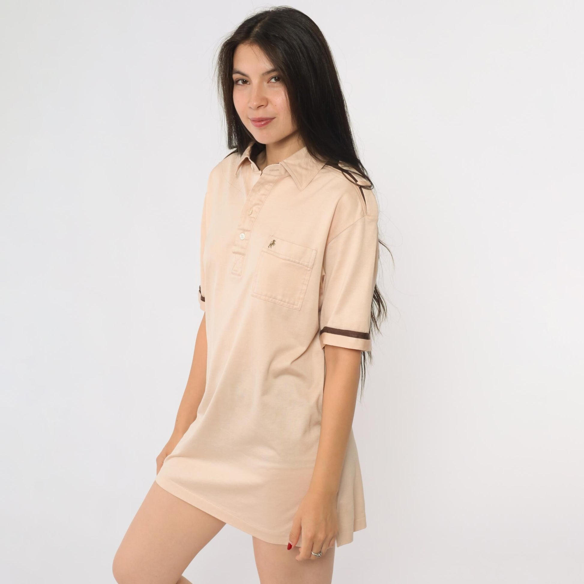 80s Bronzini Beige Polo Shirt Unicorn Emblem Epaulet Medium Tall