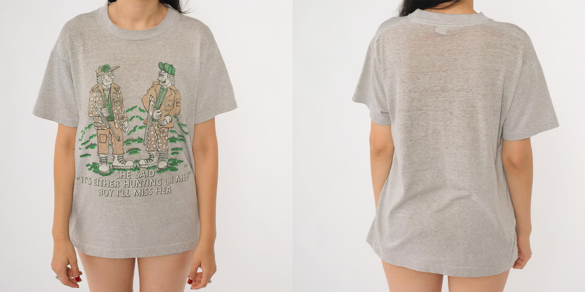 80s Hunting Joke Graphic T-Shirt Screen Stars Cartoon Tee Grey Medium