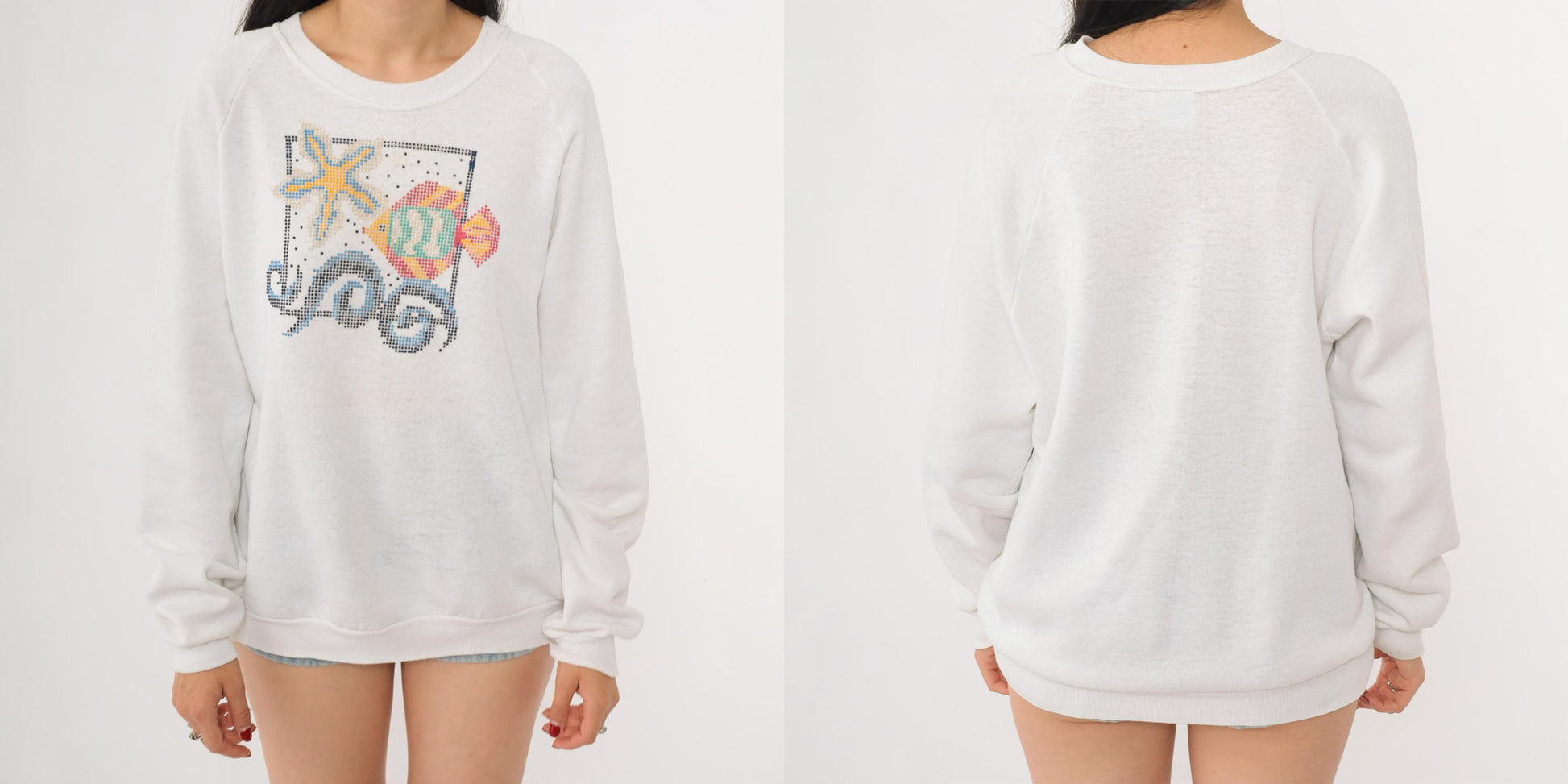 90s Jerzees Fish Starfish Sweatshirt White Raglan Graphic Crewneck Large