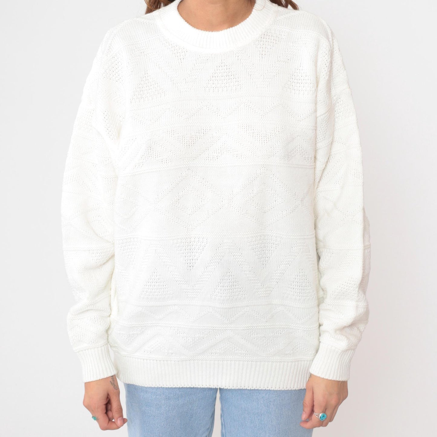 80s Club International Cable Knit Sweater White Crew Neck Medium M