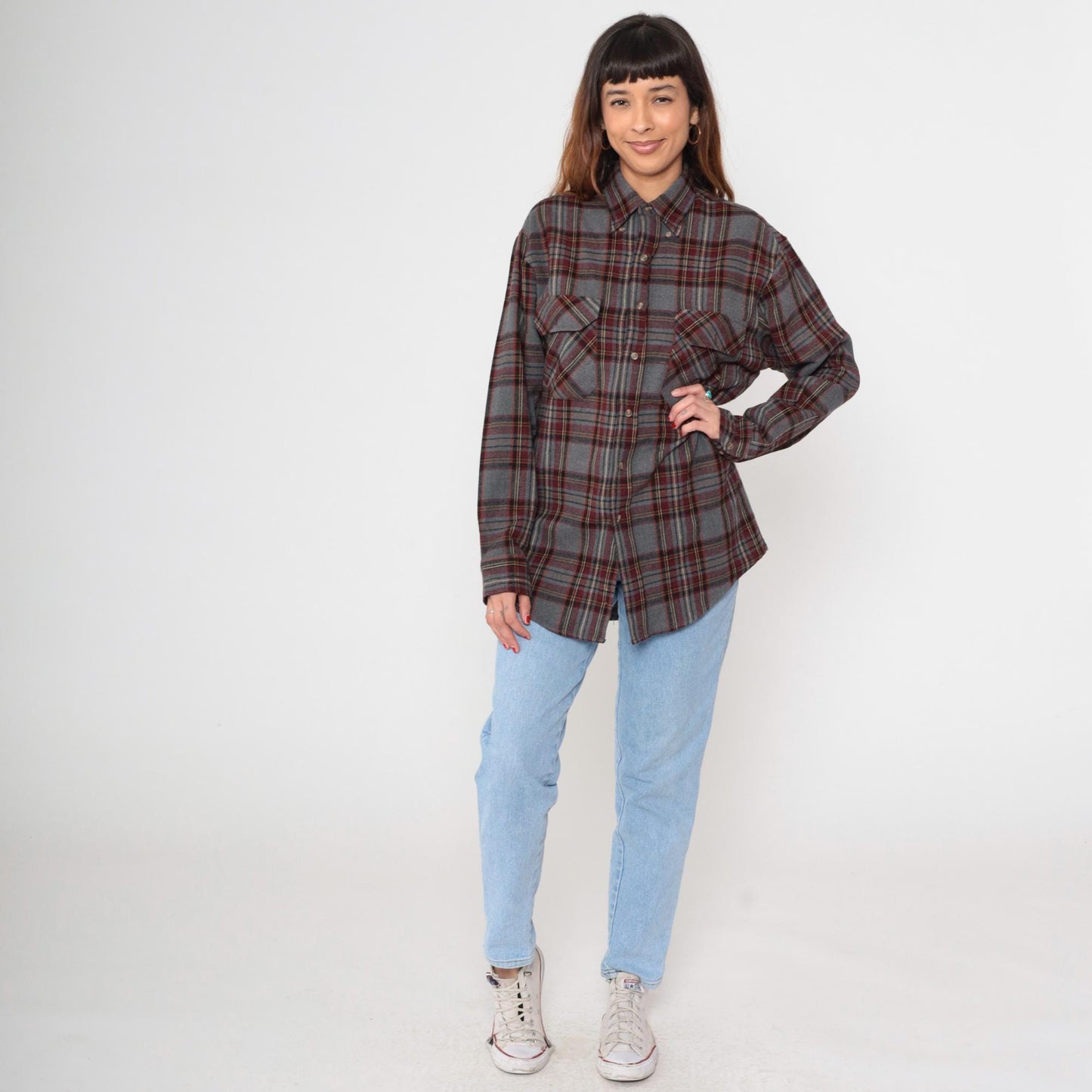 90s Outdoor Exchange Flannel Shirt Grey Red Plaid Button-Up Small S