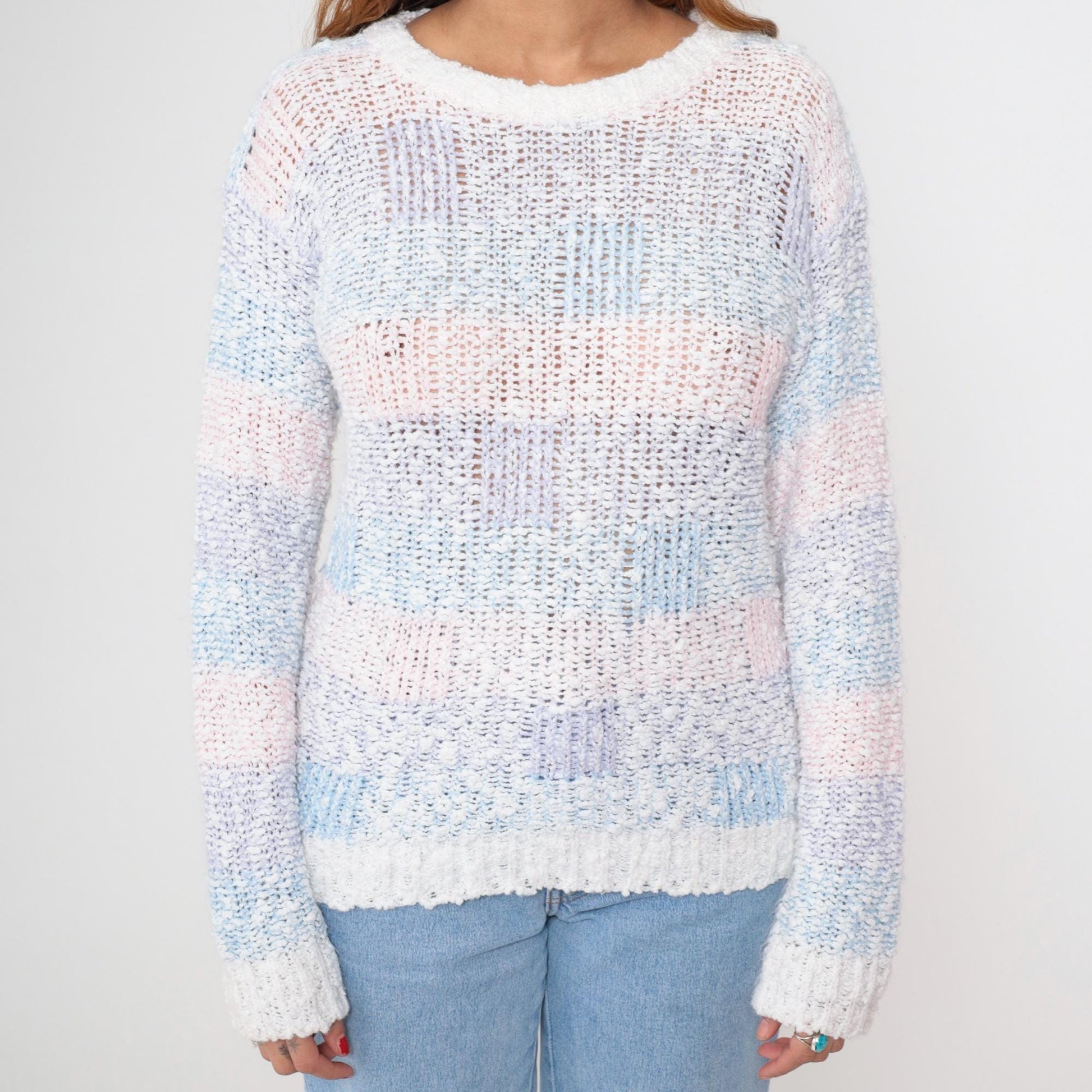 80s Striped Popcorn Knit Sweater Baby Pink Blue Purple Puff Sleeve Small