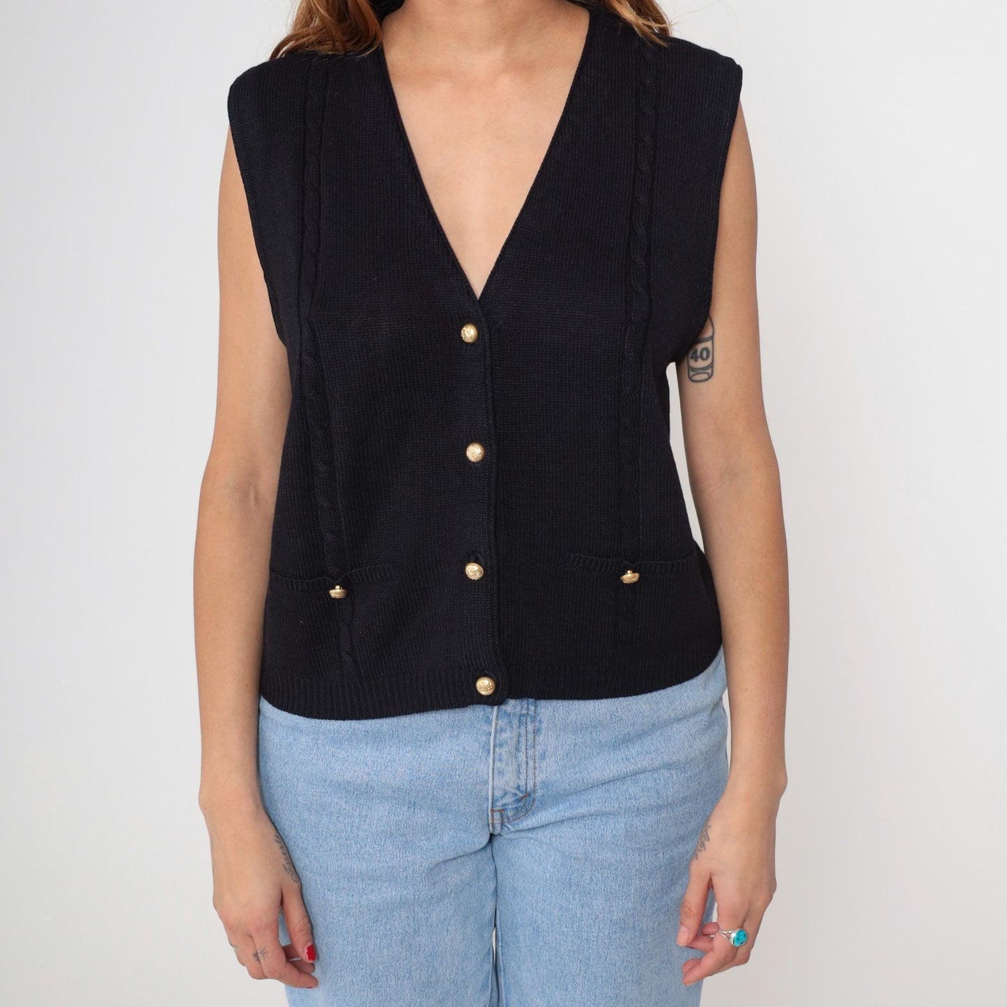 90s Black Knit Vest Deep V Neck Button Front Sleeveless Cardigan Medium