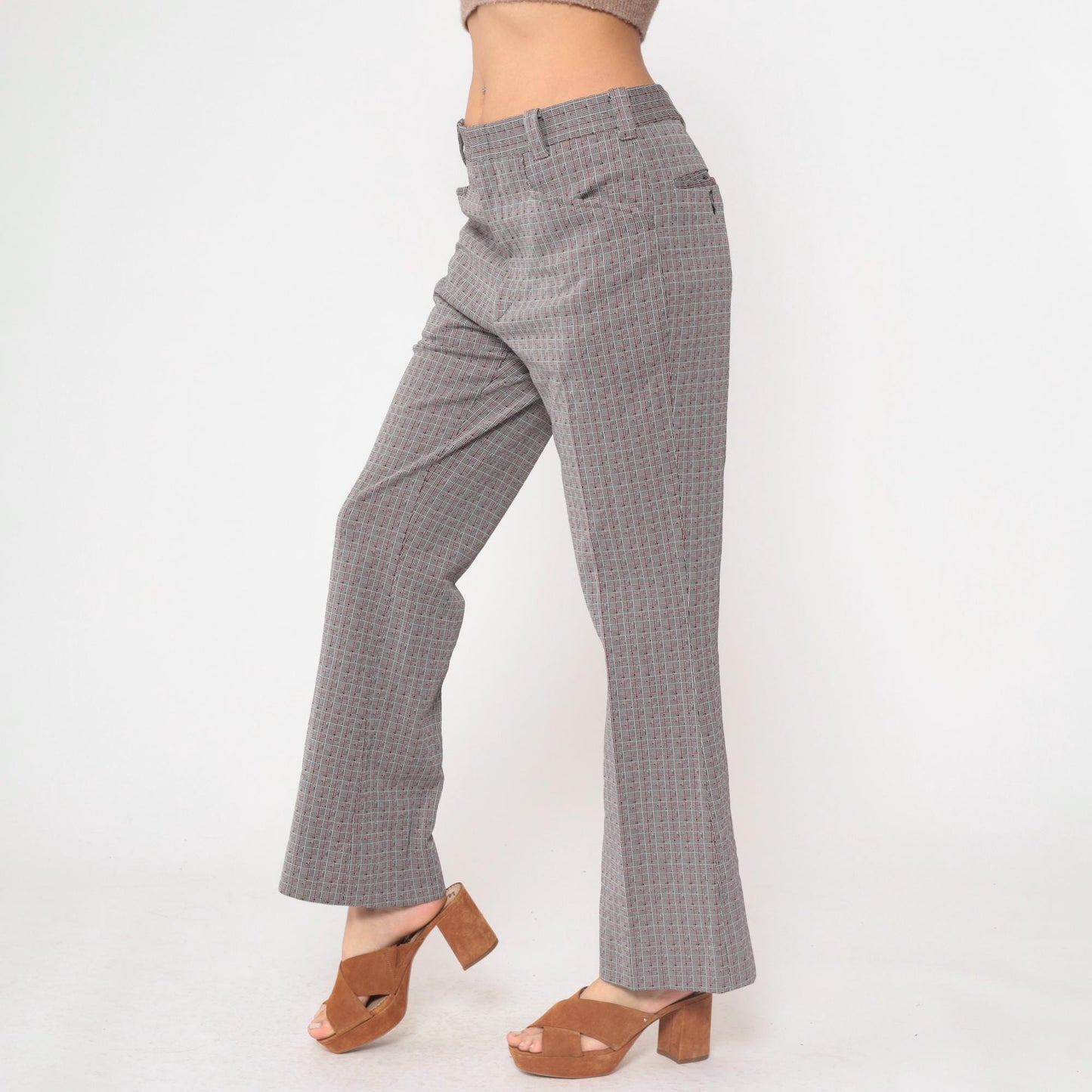 70s Grey Plaid Straight Leg Trousers High Waisted Checkered Cotton Blend Medium M