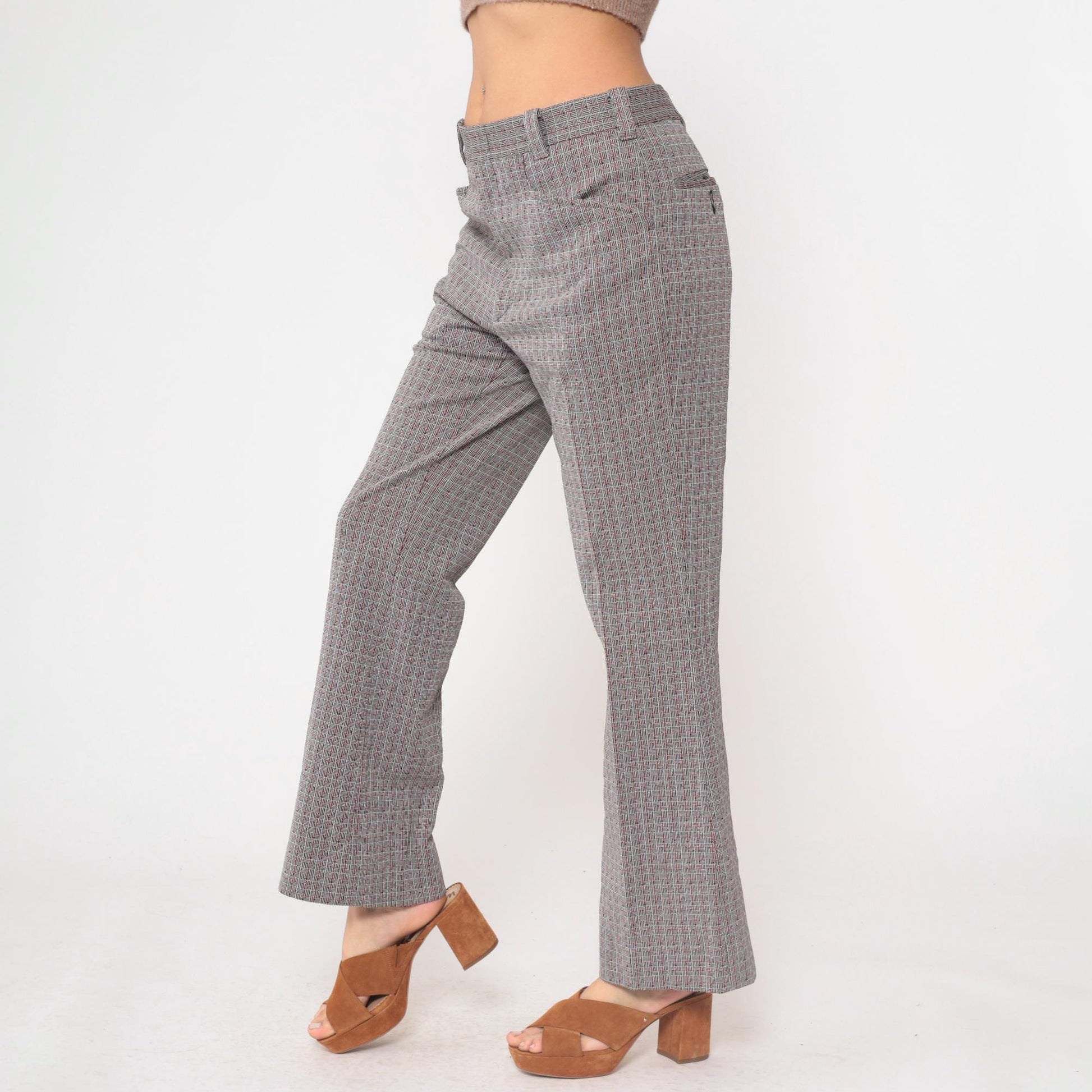 70s Grey Plaid Straight Leg Trousers High Waisted Checkered Cotton Blend Medium M