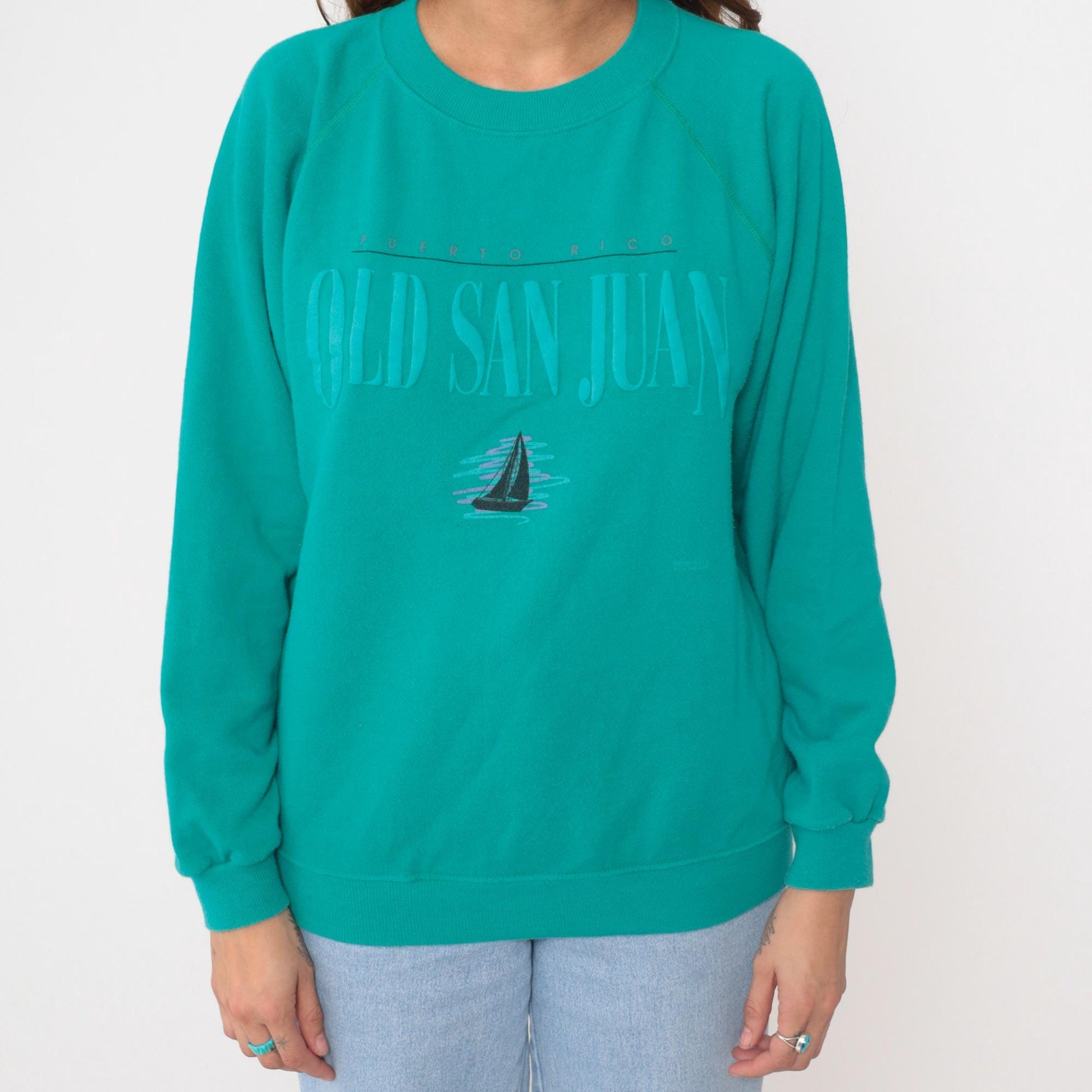 90s Hanes Turquoise Old San Juan Sailboat Raglan Sweatshirt Large L