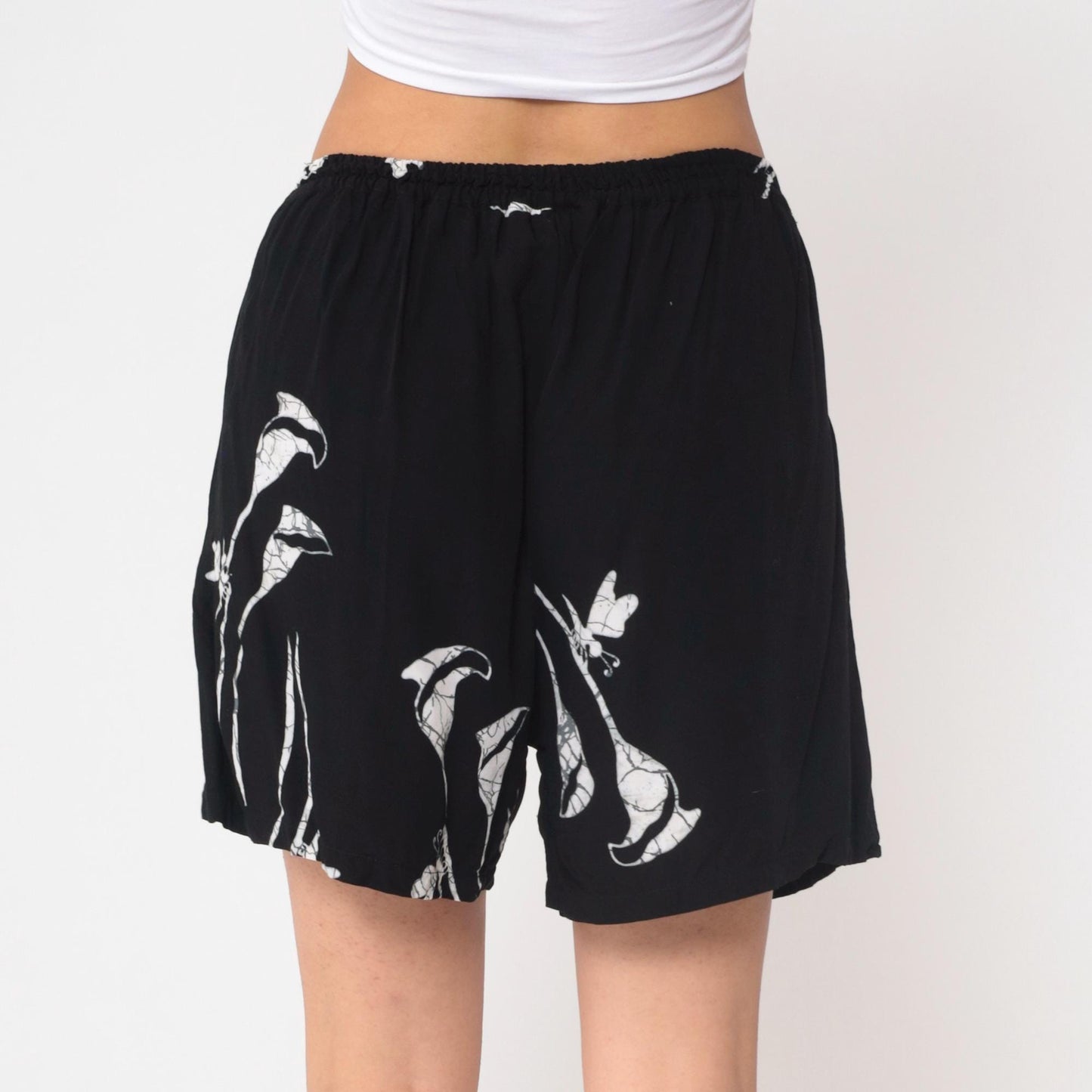90s Tropical Tantrum Black Floral Rayon Shorts High Waist Large L