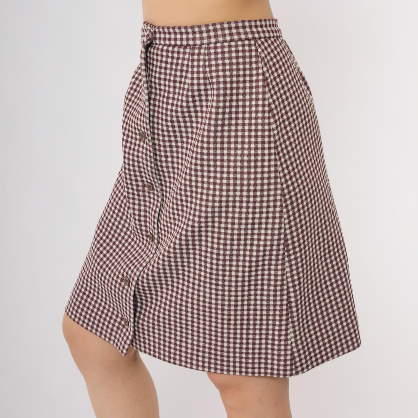 70s Burgundy Gingham Mini Skirt Button-Front High-Waist A-Line Small S