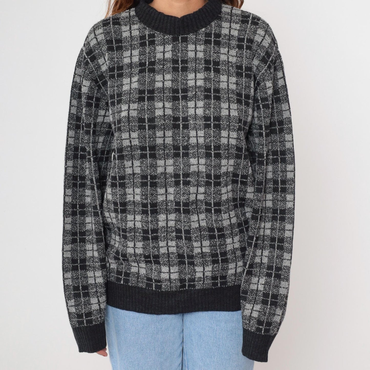 90s Belvedere Checkered Wool Sweater Black White Grey Crewneck Medium