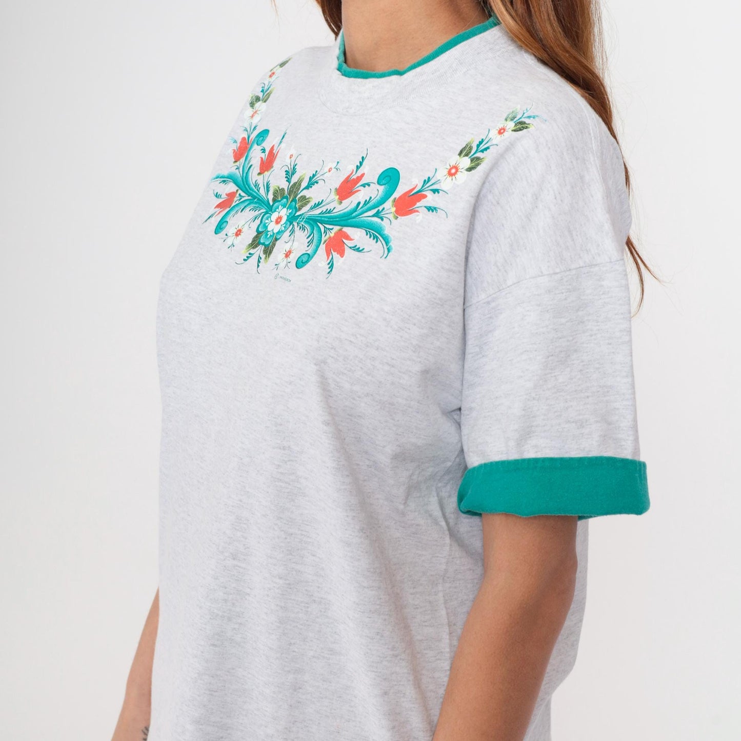 90s Floral Graphic T-Shirt Grey Cotton Folk Art Flowers Green Trim Large L