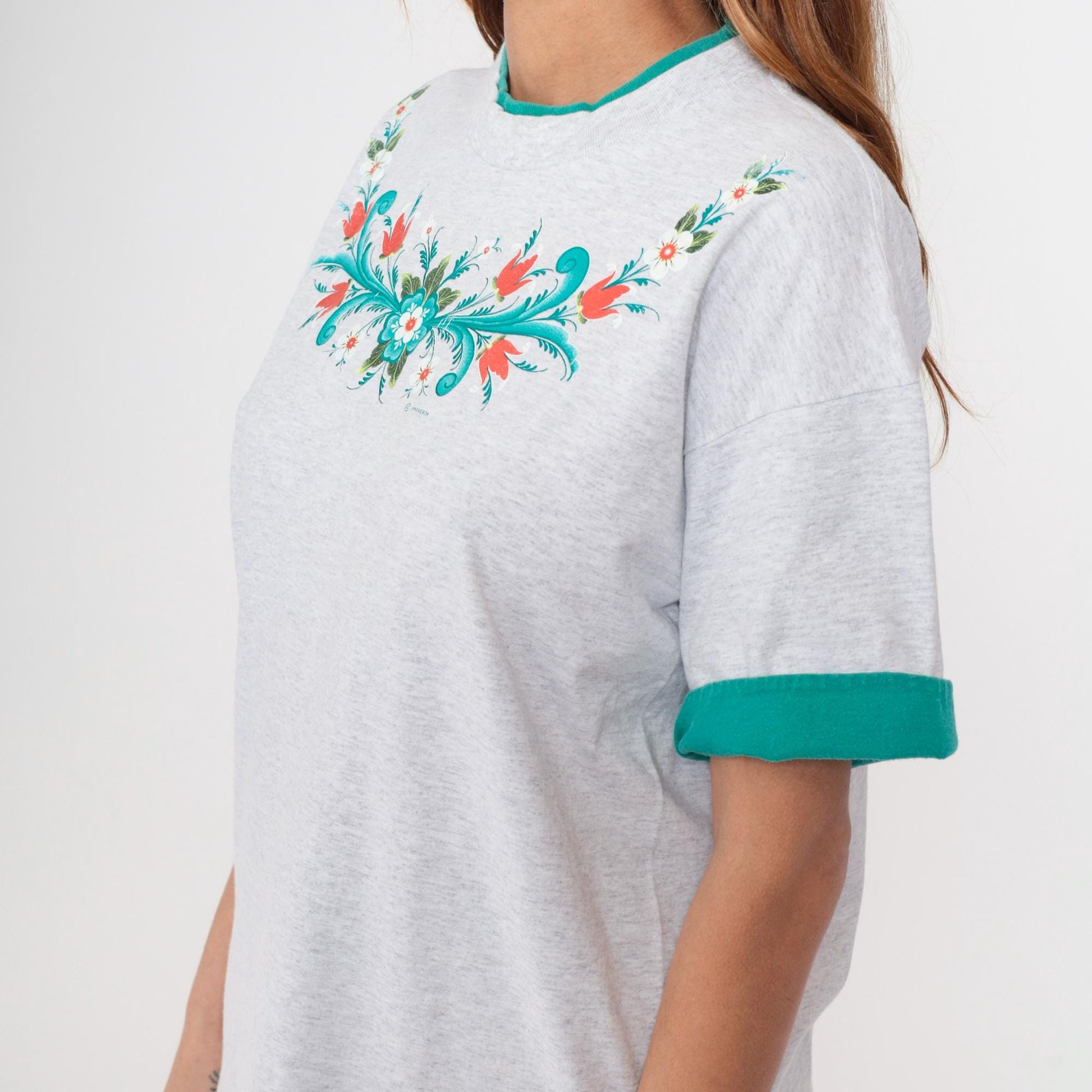 90s Floral Graphic T-Shirt Grey Cotton Folk Art Flowers Green Trim Large L