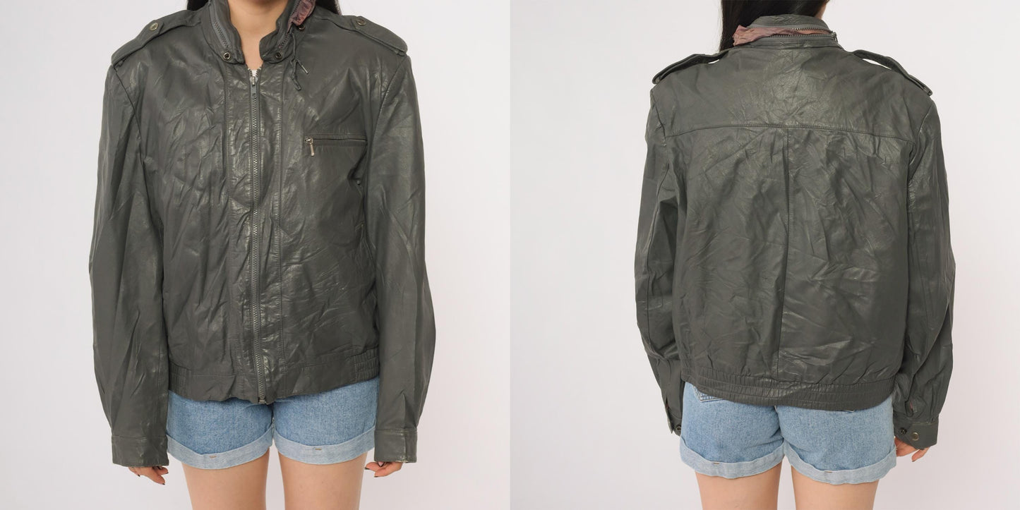 80s Oui International Leather Moto Jacket Deep Green Zip Epaulettes Large