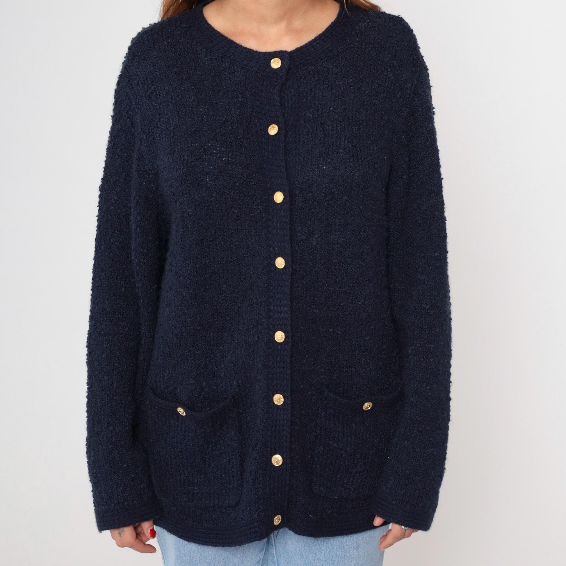 80s Blair Boutique Navy Cardigan Chunky Knit Gold Buttons Large L