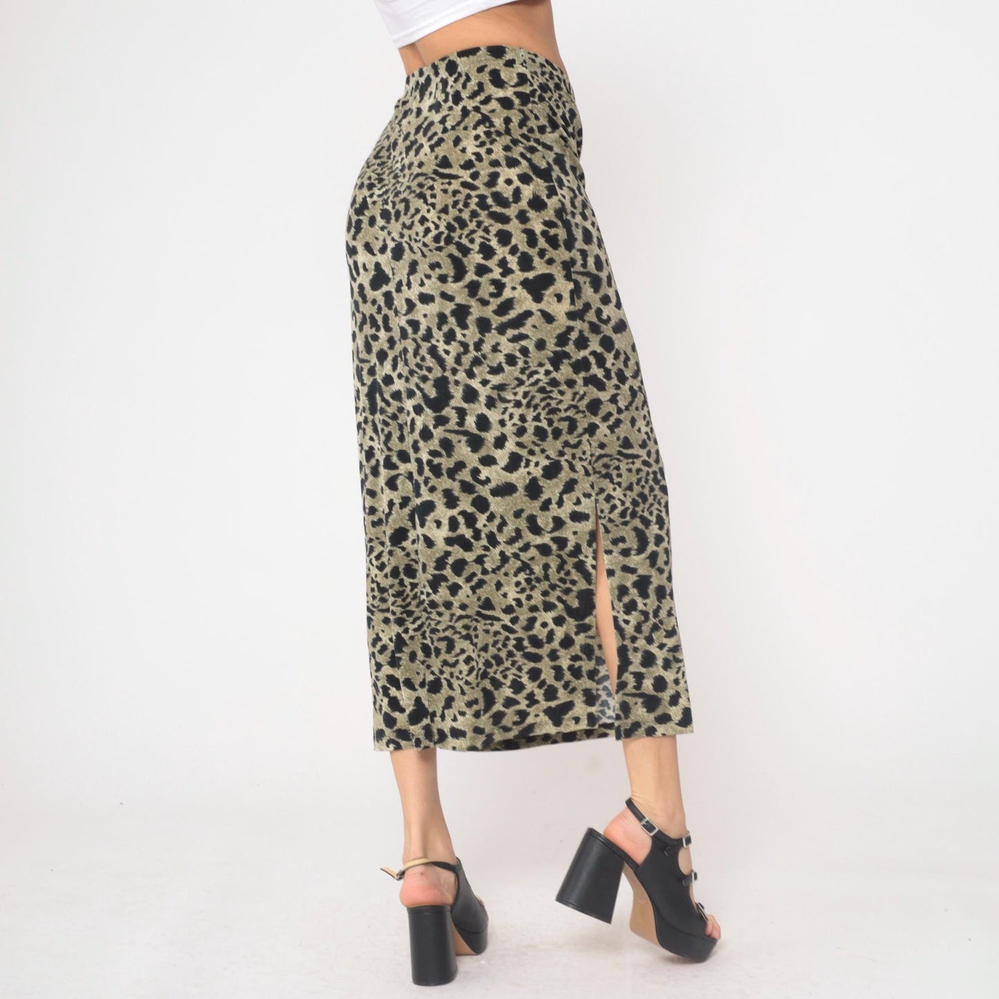 90s Impressions Leopard Print Maxi Skirt High Waist Black Olive Small S