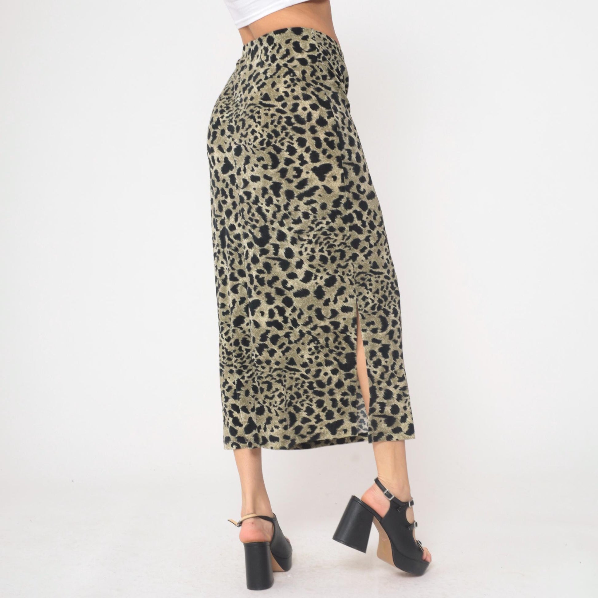 90s Impressions Leopard Print Maxi Skirt High Waist Black Olive Small S