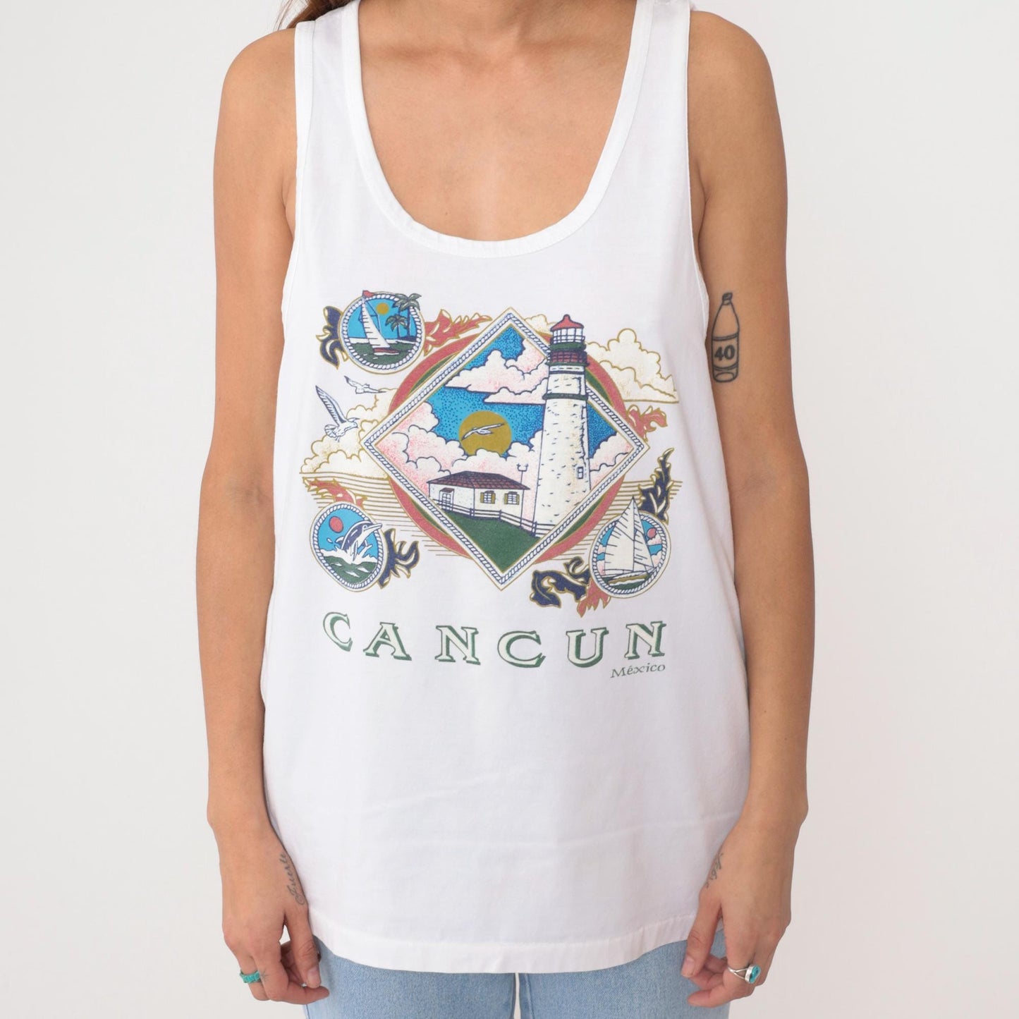 90s Cancun Mexico Tank Top White Lighthouse Sailboat Graphic Large L
