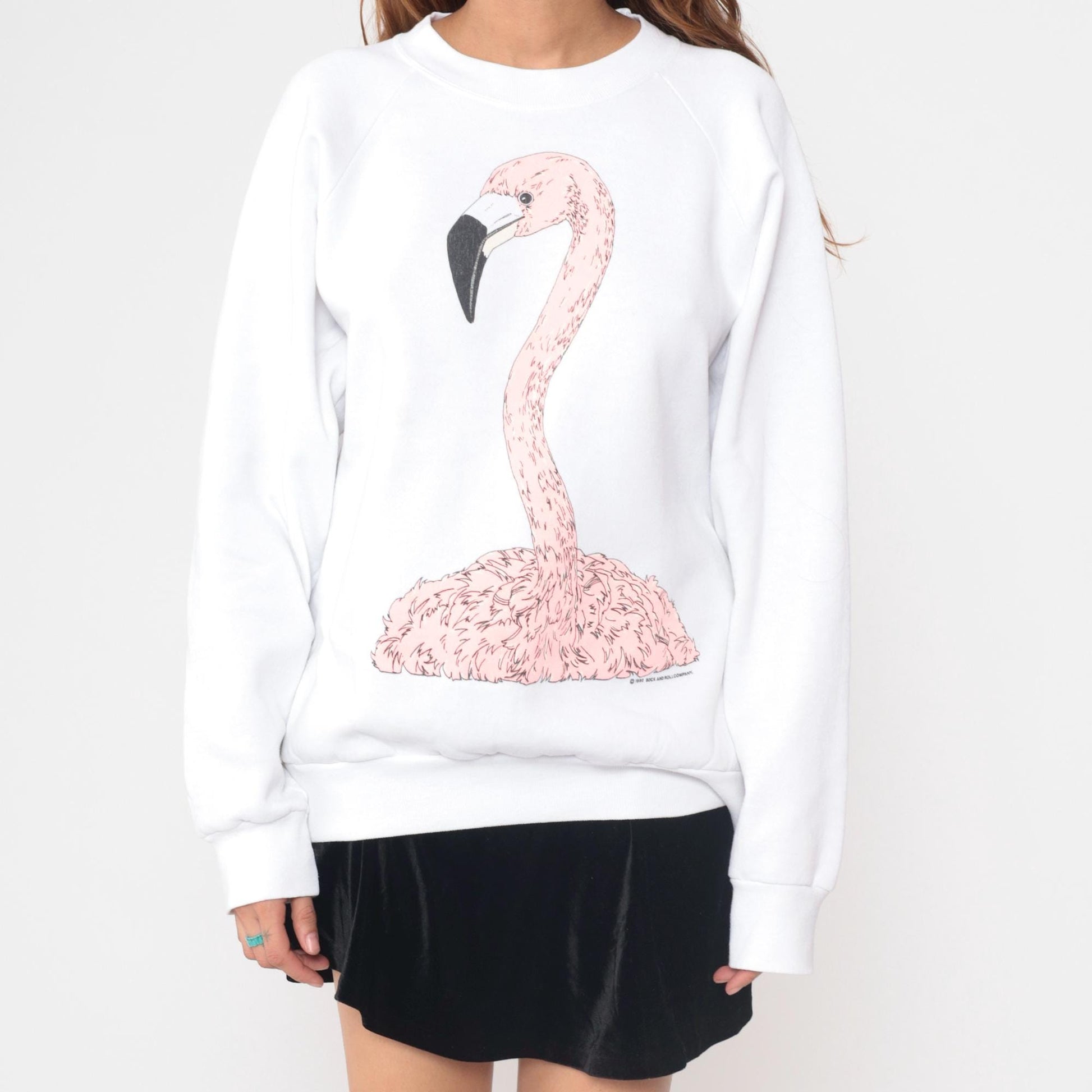 90s Oneita Power Sweats Flamingo Graphic Sweatshirt White Pink Extra Large XXL