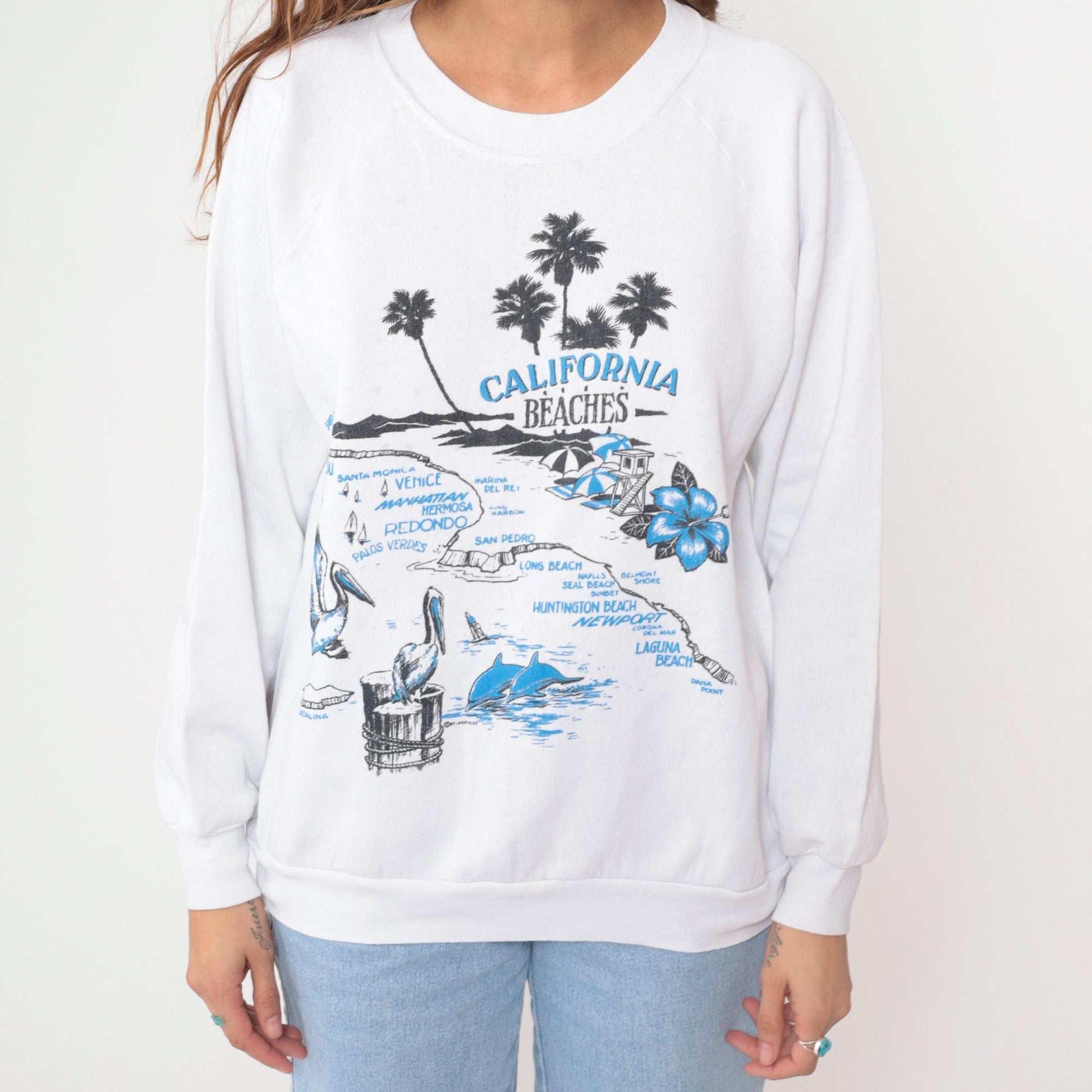 90s California Beaches Map Sweatshirt White Cotton Graphic Medium