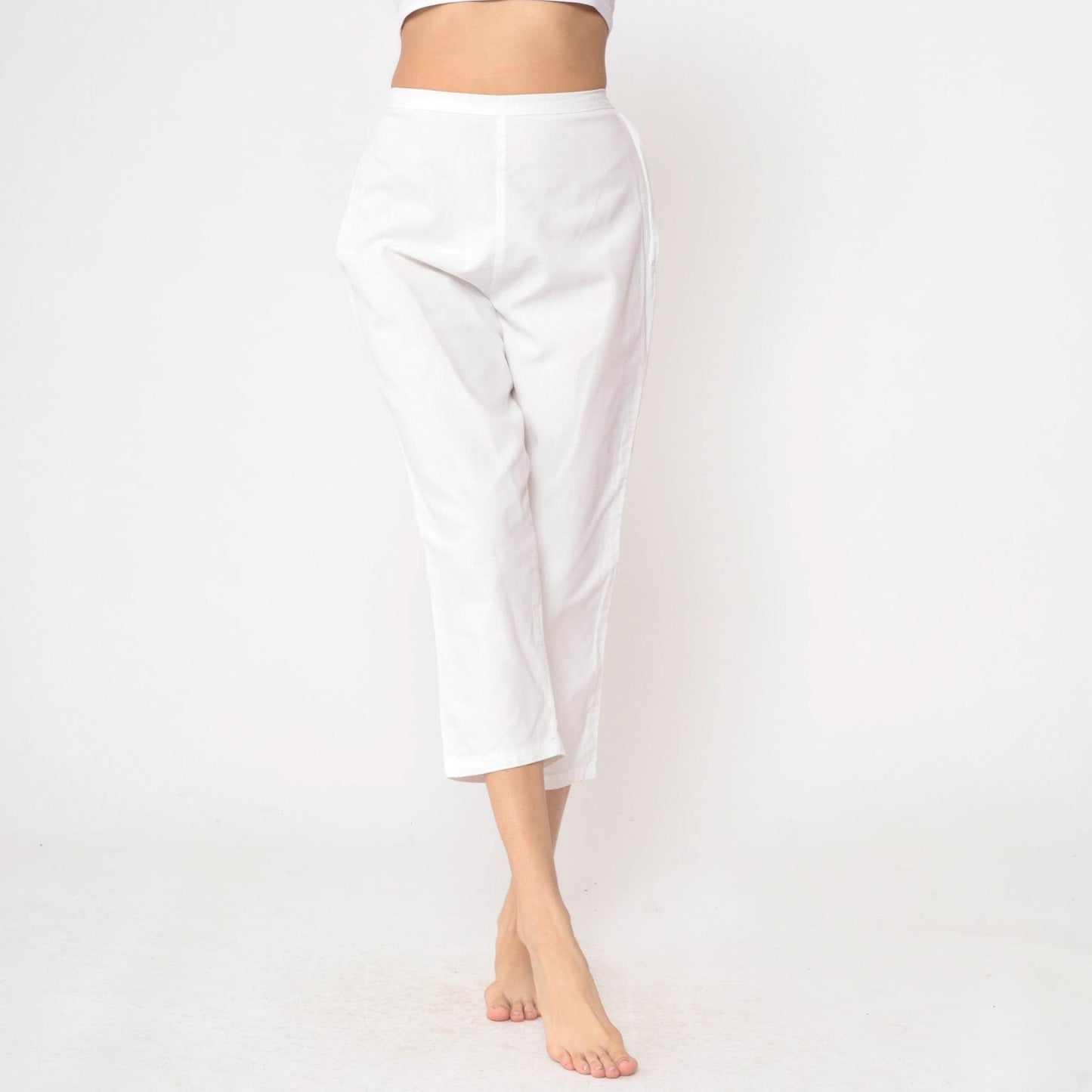 60s White High-Waisted Cropped Pants Cotton Straight Leg Small
