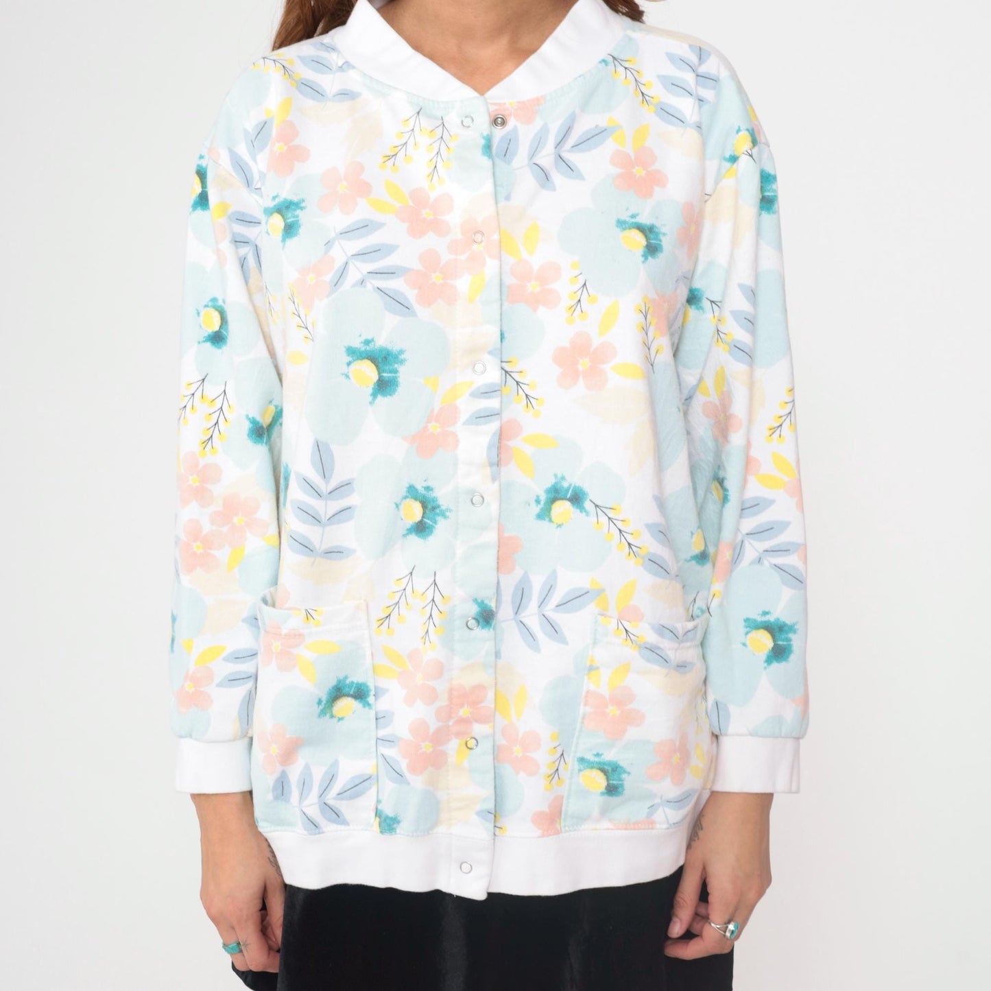 90s Floral Cardigan White Pink Blue Yellow Botanical Button Up XL