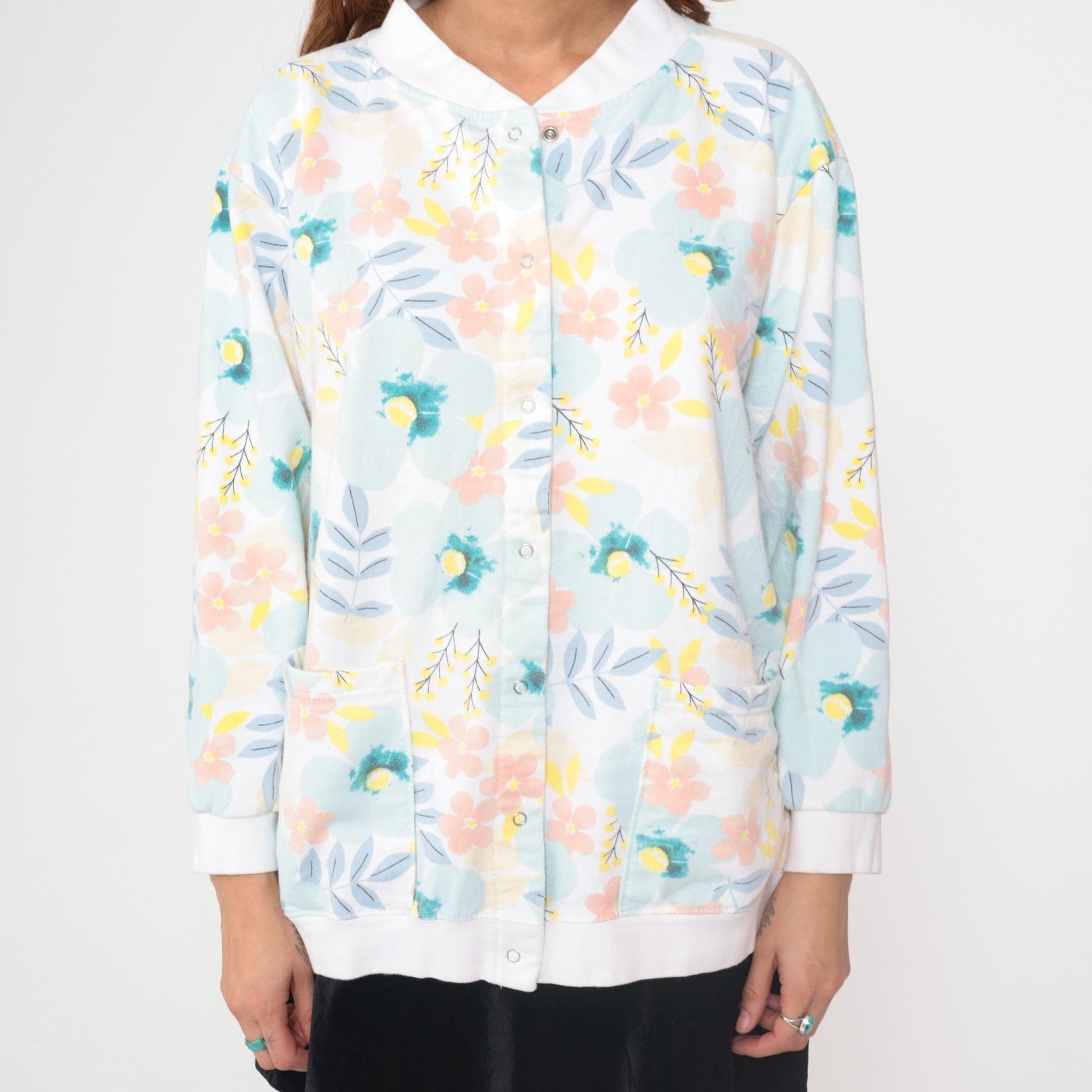 90s Floral Cardigan White Pink Blue Yellow Botanical Button Up XL