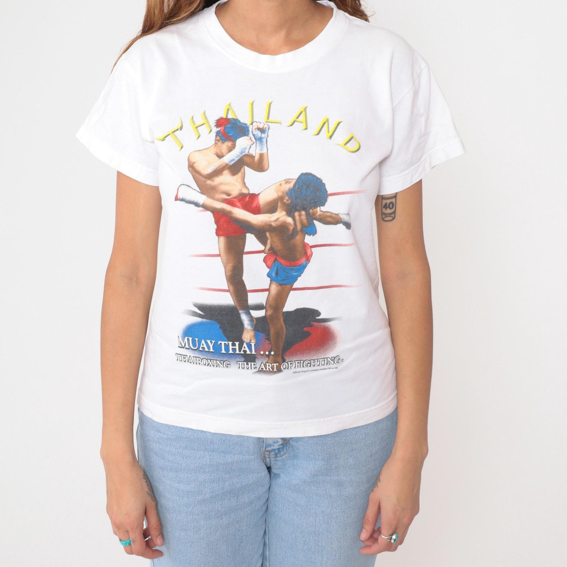 Y2K Thailand Muay Thai Boxing Graphic Tee White Cotton Medium M