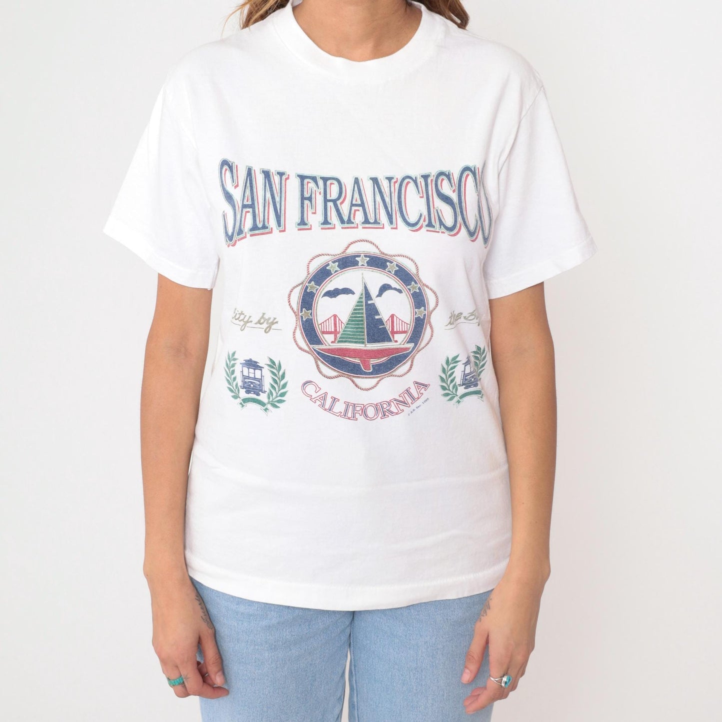 90s San Francisco Cable Car White Graphic T-Shirt Cotton Medium M