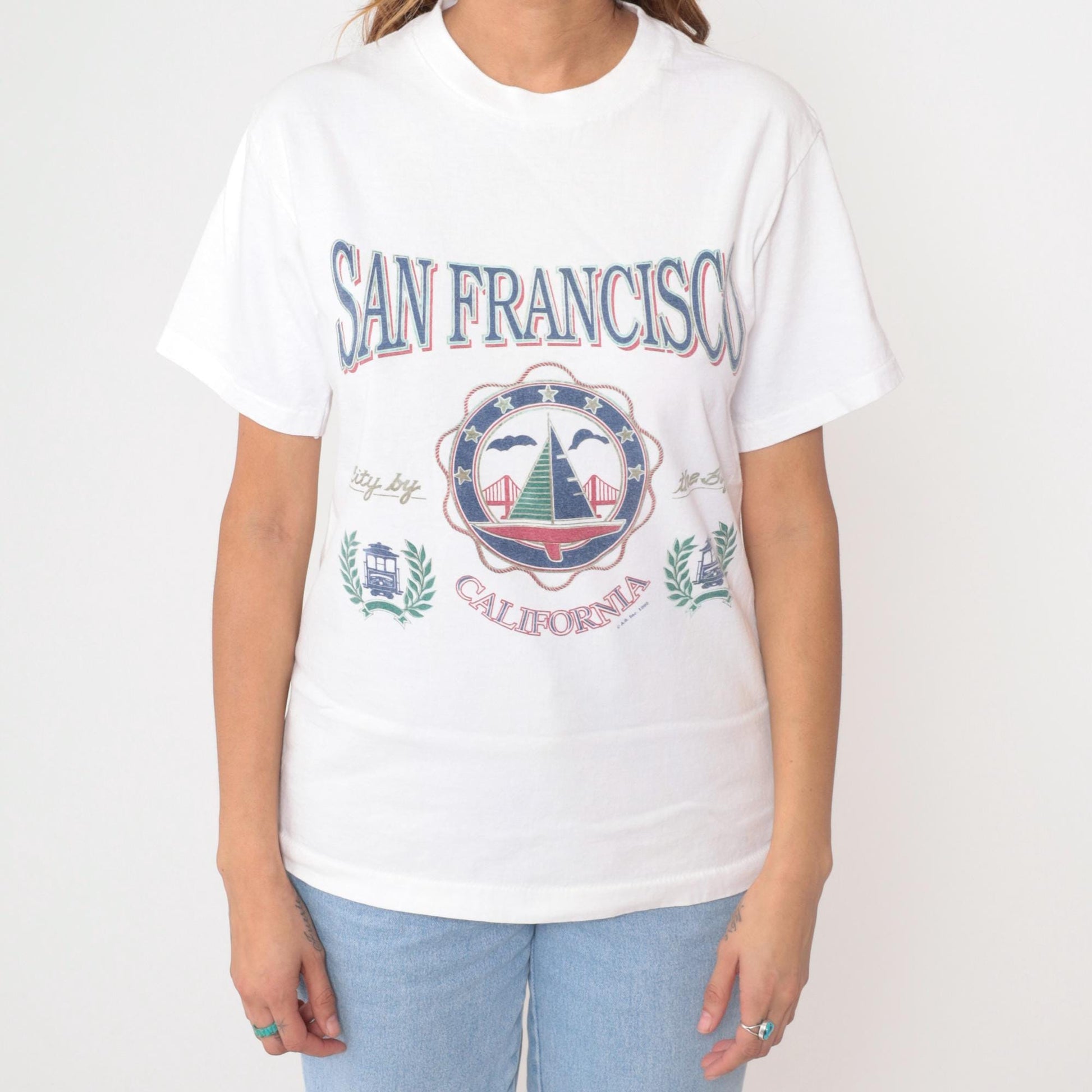 90s San Francisco Cable Car White Graphic T-Shirt Cotton Medium M