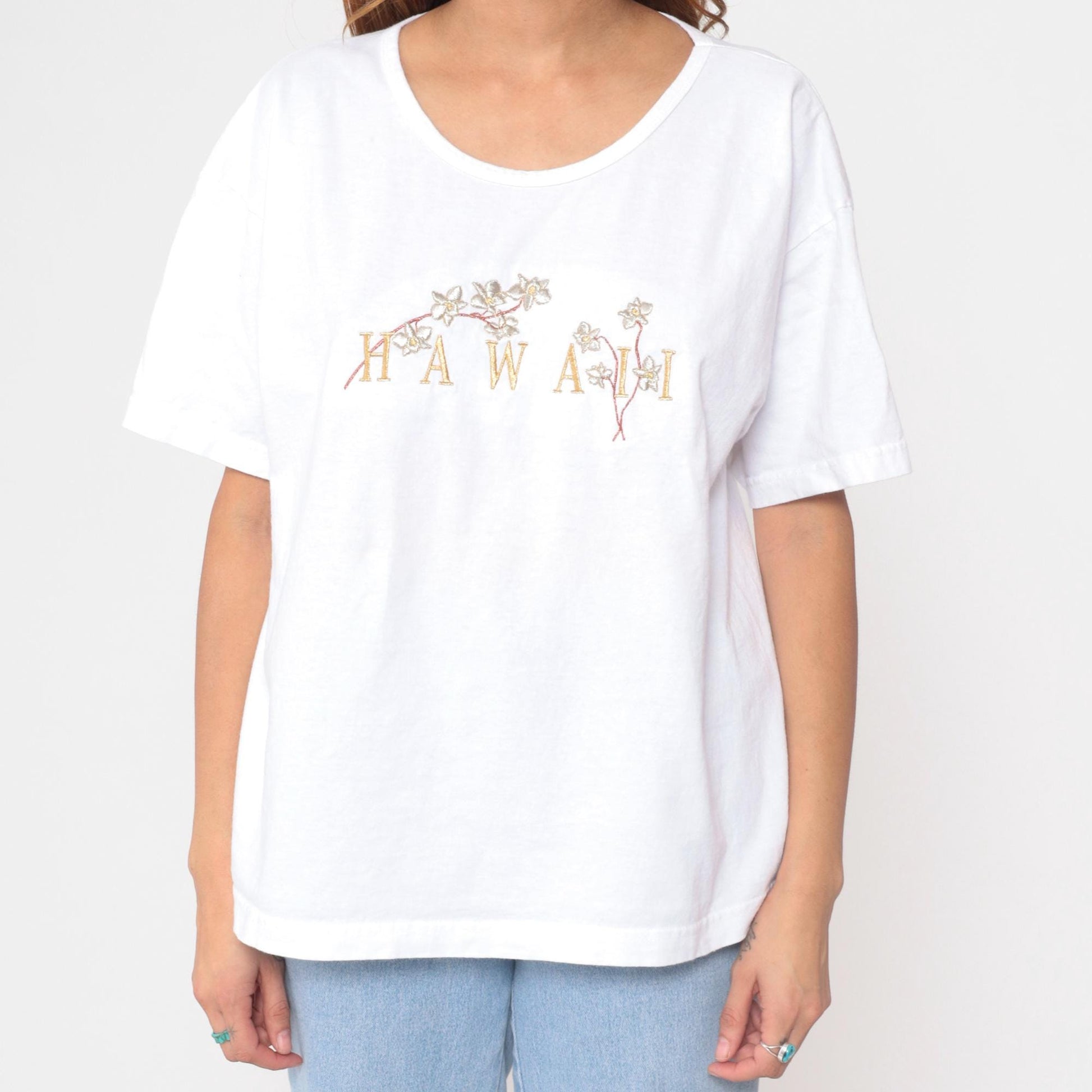 90s Hawaii White Cotton T-Shirt Embroidered Floral Graphic Extra Large XL