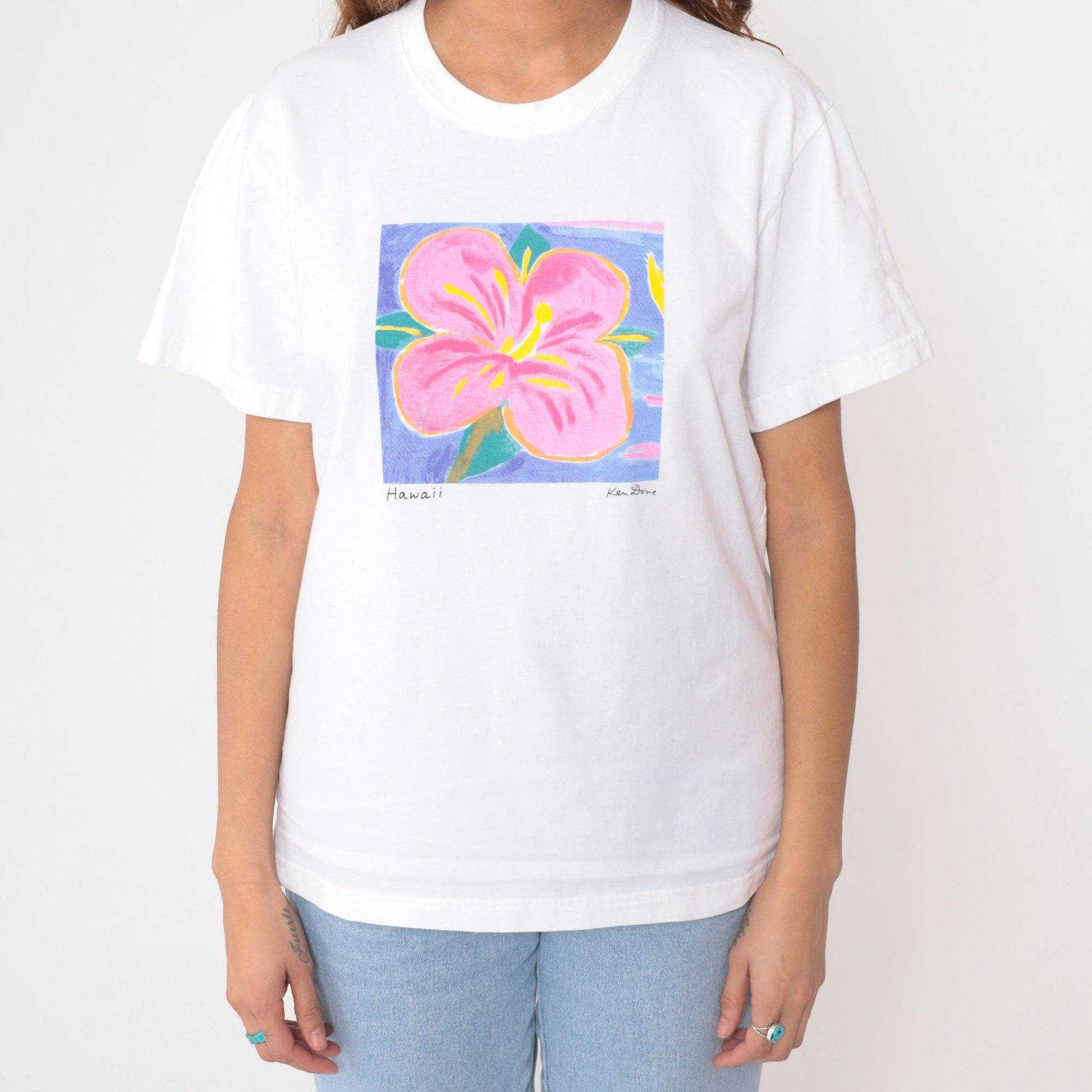 90s Hawaii Hibiscus Flower Graphic T-Shirt White Single Stitch Medium