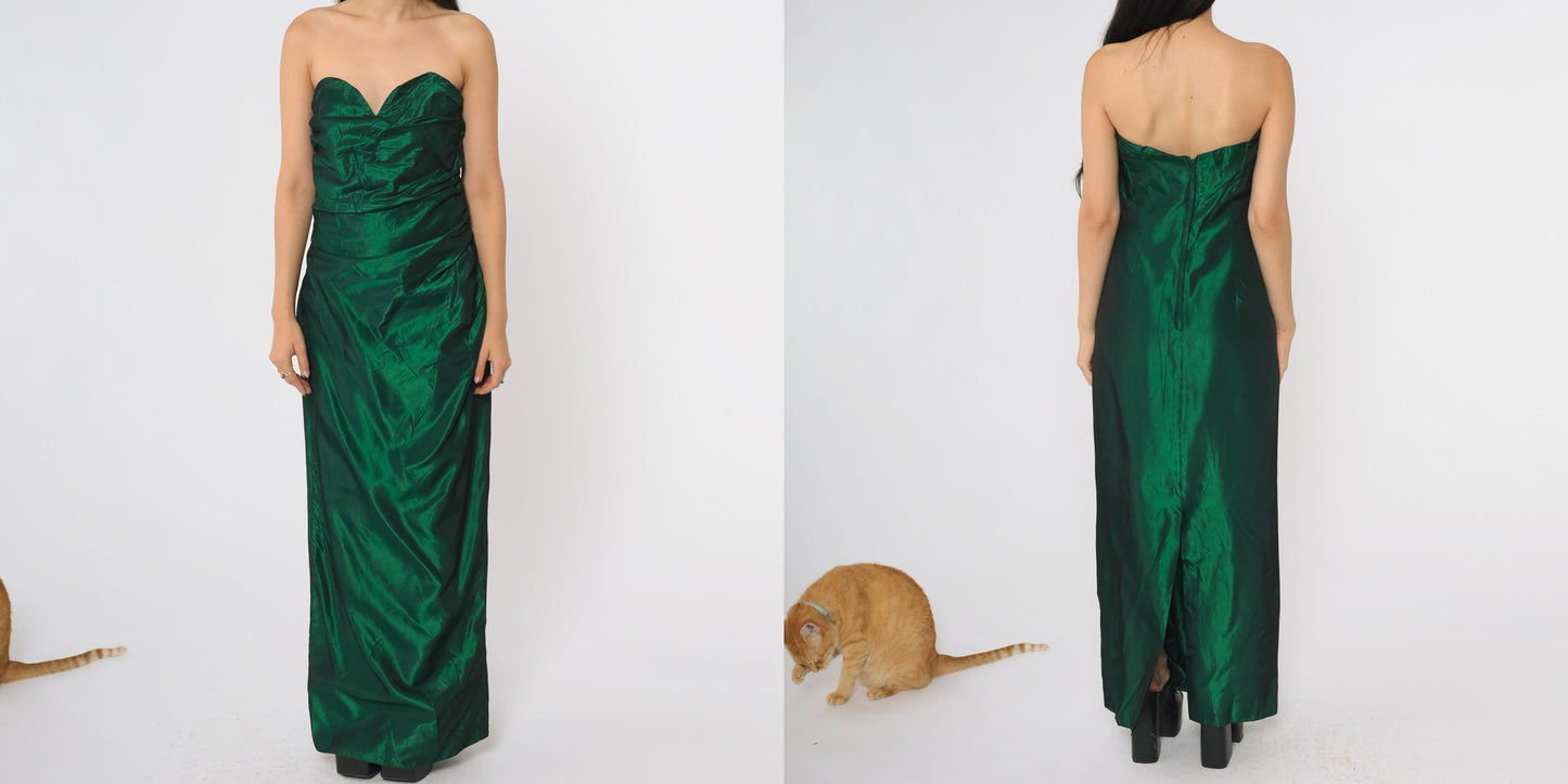 80s Alfred Angelo Green Strapless Formal Gown Sweetheart Ruched Bodice Medium M