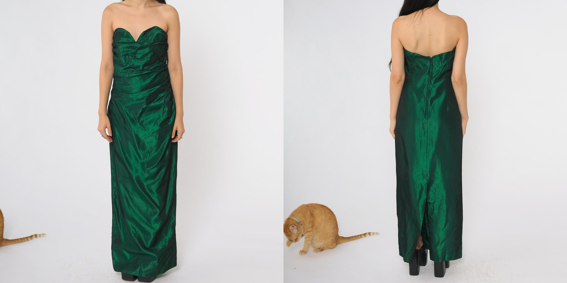 80s Alfred Angelo Green Strapless Formal Gown Sweetheart Ruched Bodice Medium M
