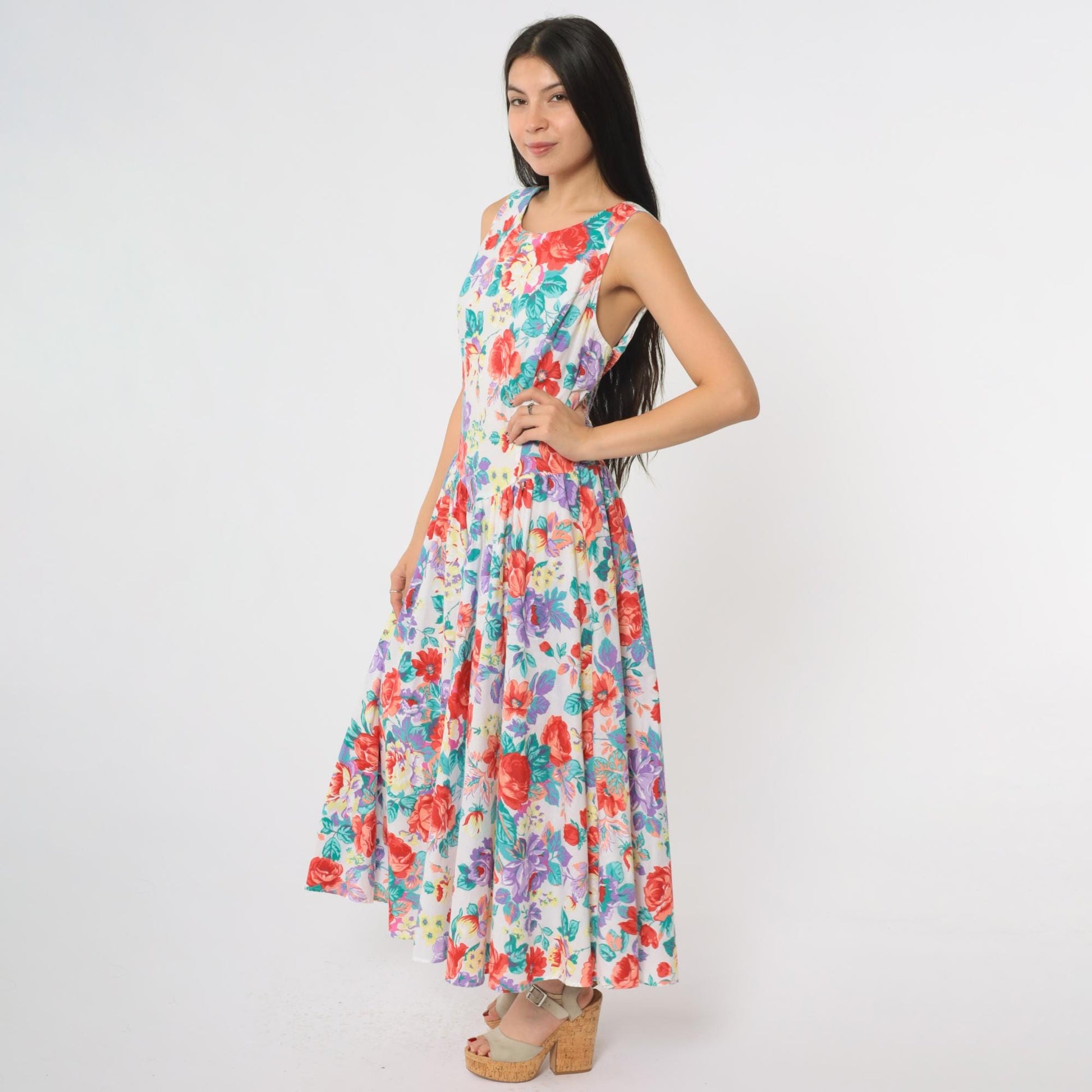 80s Eber San Francisco Floral Maxi Dress Sleeveless Tiered Skirt Medium