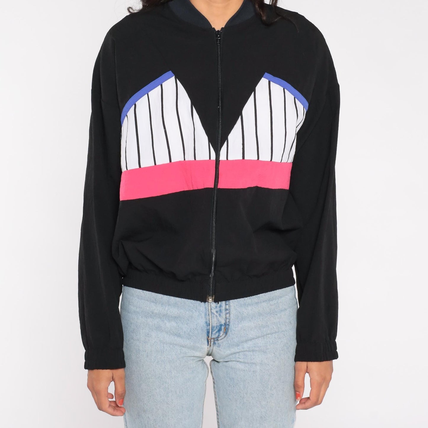 90s USA Sport Club Track Jacket Black Colorblock Striped Windbreaker Medium