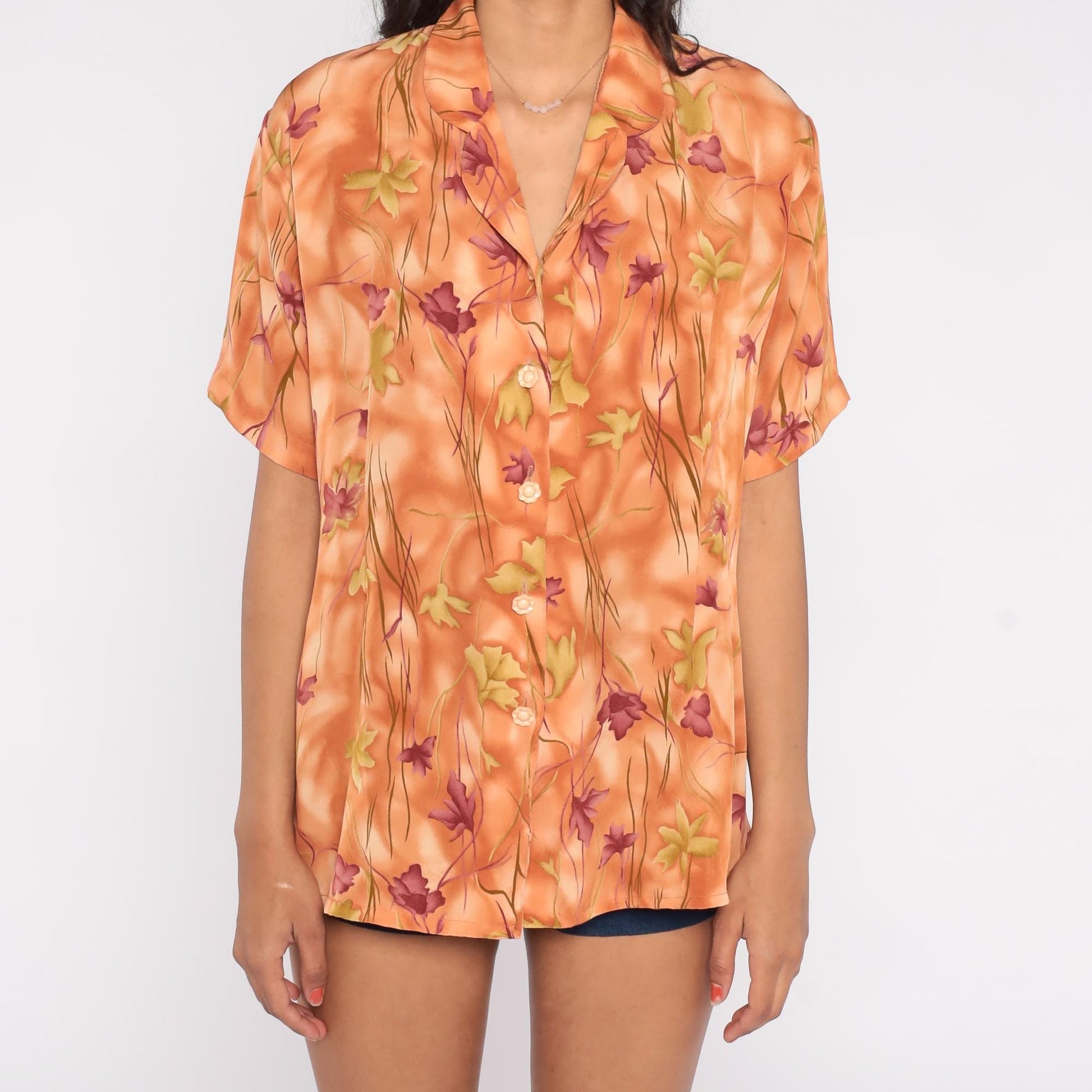 90s Orange Floral Print Blouse Rossela Button Up Short Sleeve Large L