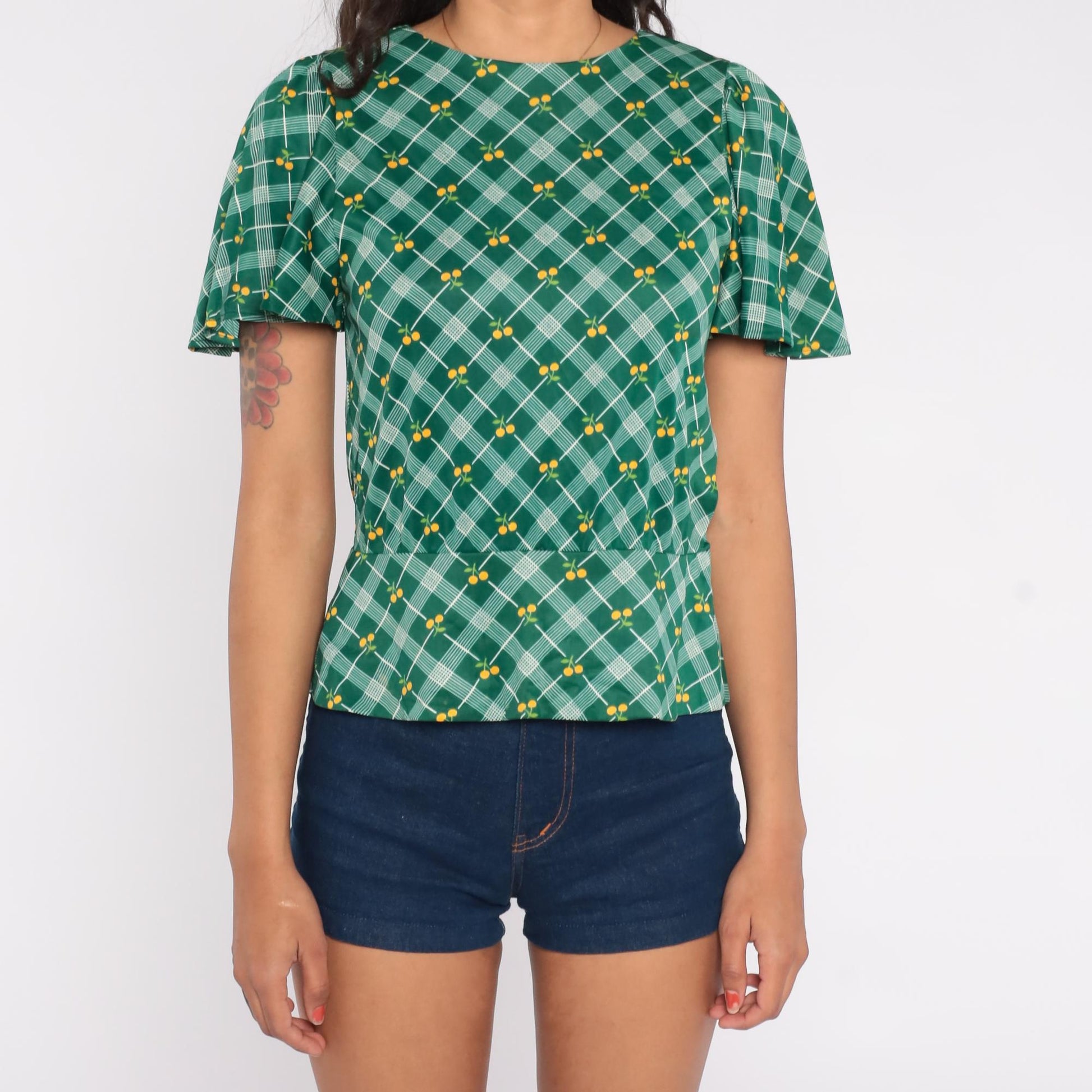 70s Green Argyle Cherry Print Blouse Flutter Sleeve Small S