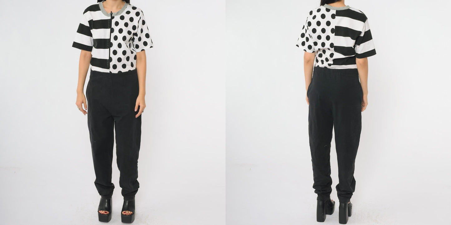 90s Black White Jumpsuit Mixed Print Polka Dot Stripes Front Zip Medium M