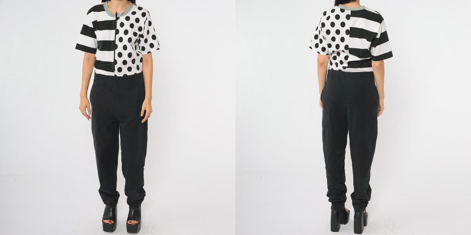 90s Black White Jumpsuit Mixed Print Polka Dot Stripes Front Zip Medium M