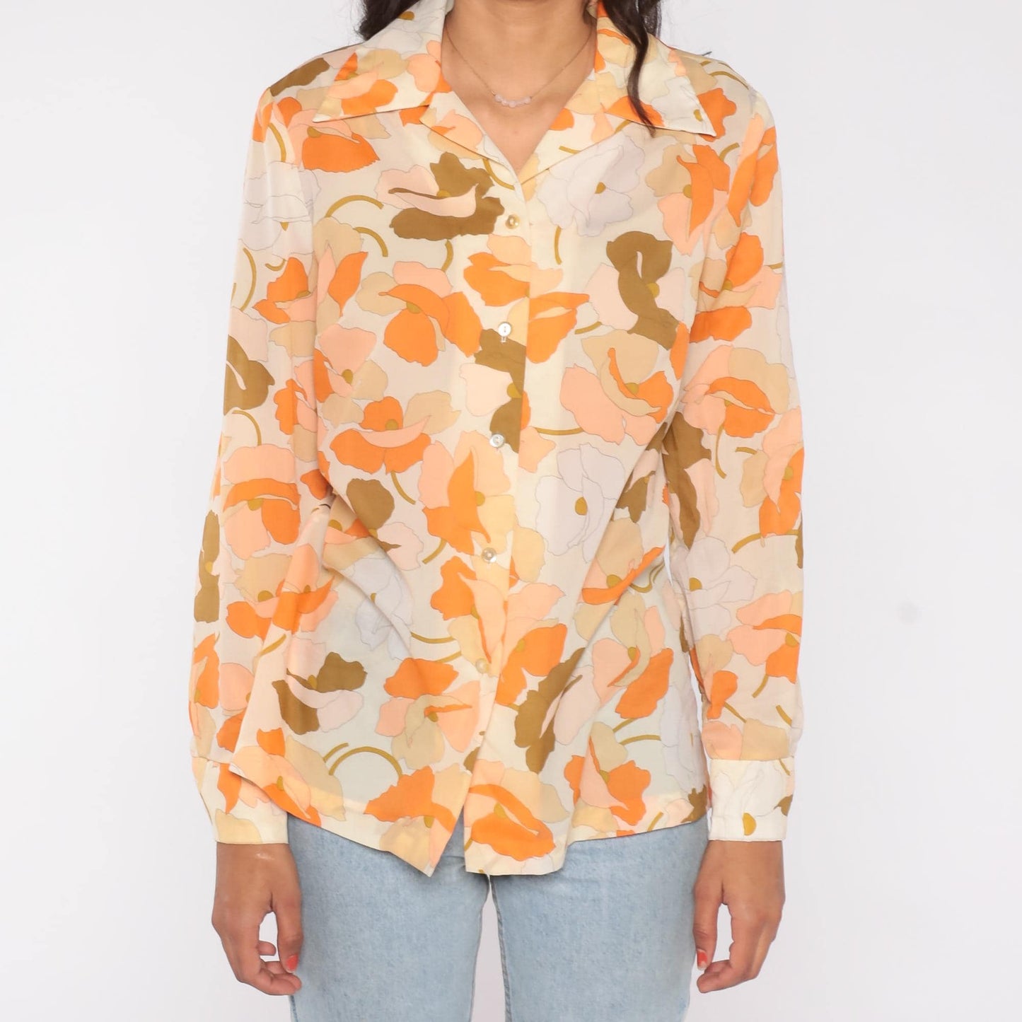 70s Alex Colman California Floral Button Blouse Orange Cream Medium