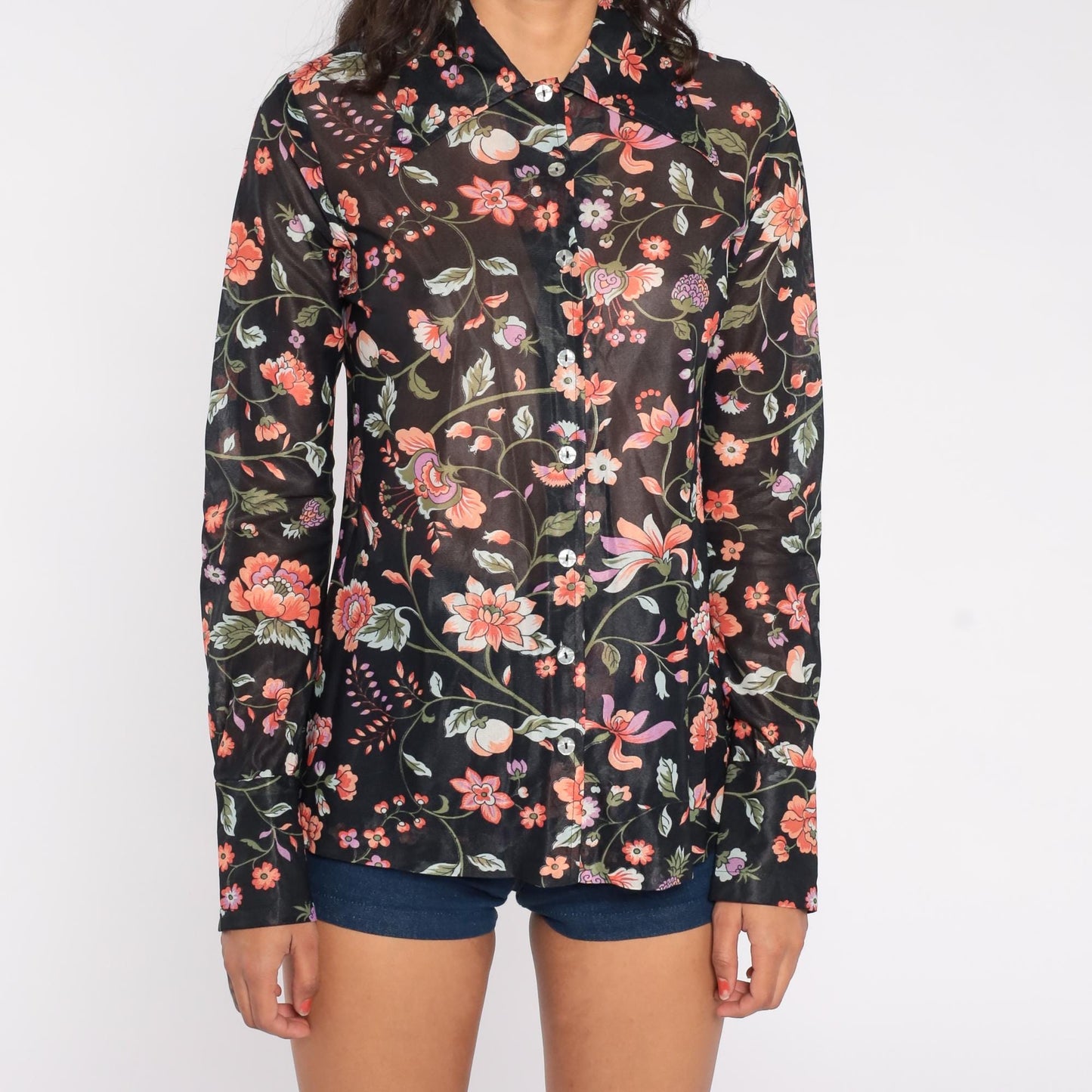 70s Rina California Black Floral Blouse Long Sleeve Botanical Print Small