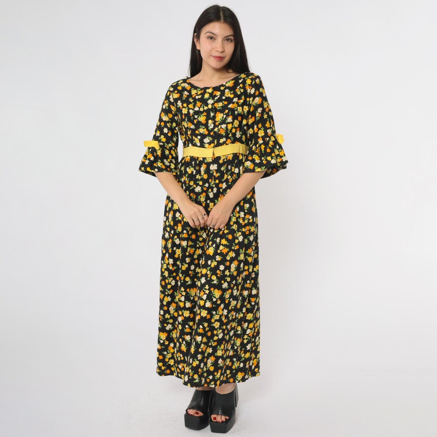 70s Lazy U Black Floral Maxi Dress Bell Sleeve Yellow Bow Large
