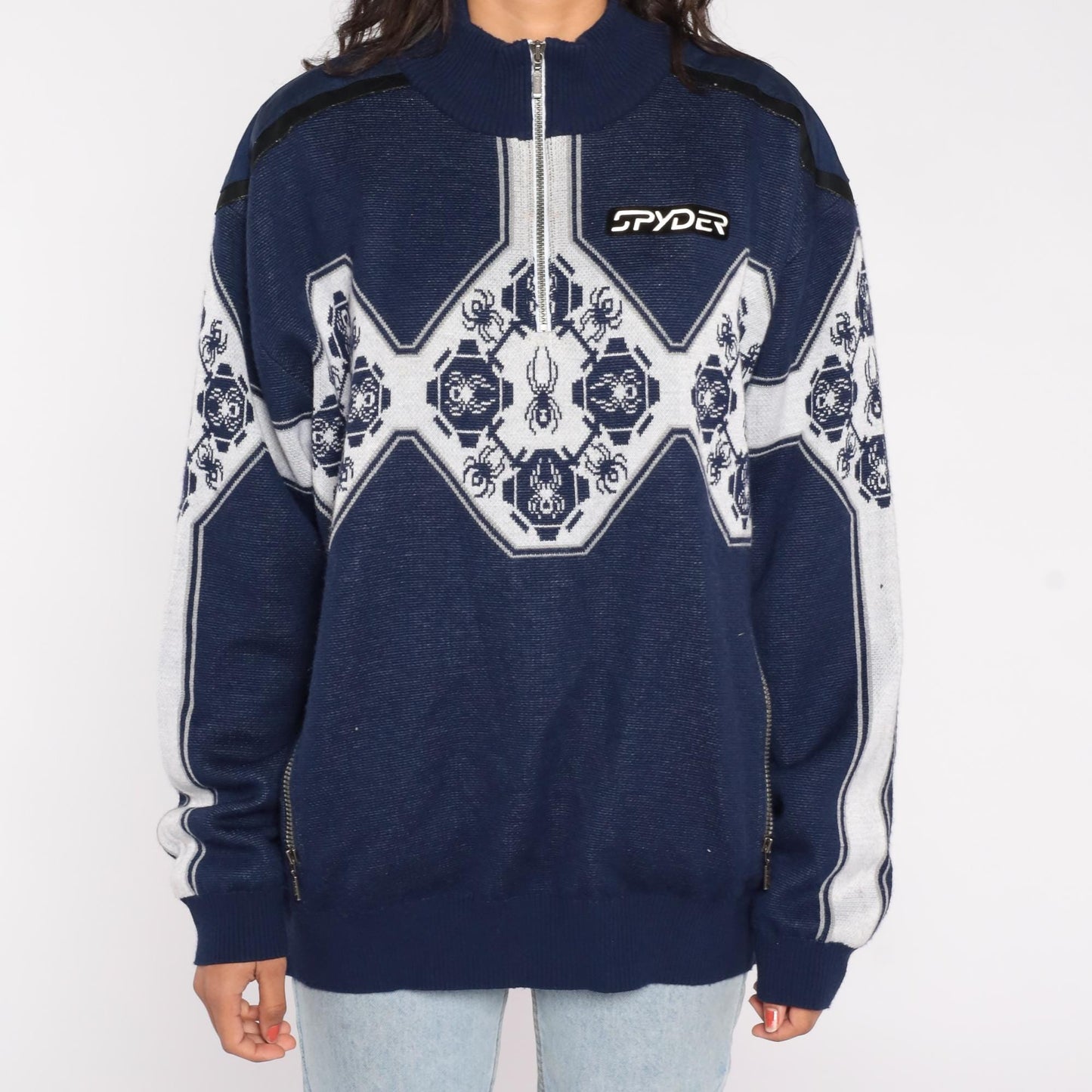 Y2K Spyder Ski Sweater Navy Blue White Geometric Half Zip Knit Extra Large XL