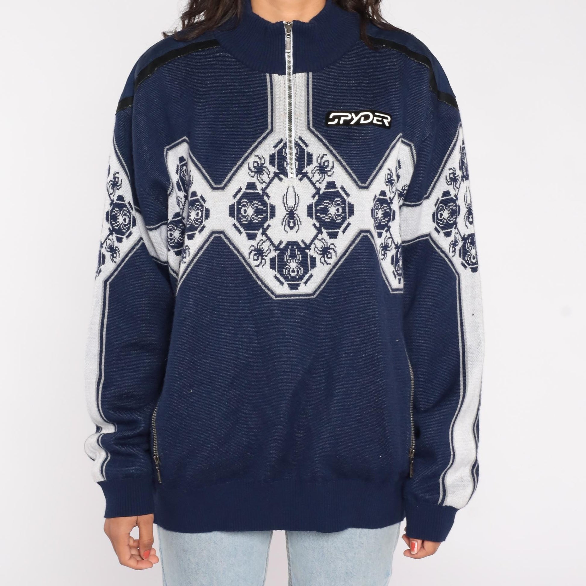 Y2K Spyder Ski Sweater Navy Blue White Geometric Half Zip Knit Extra Large XL