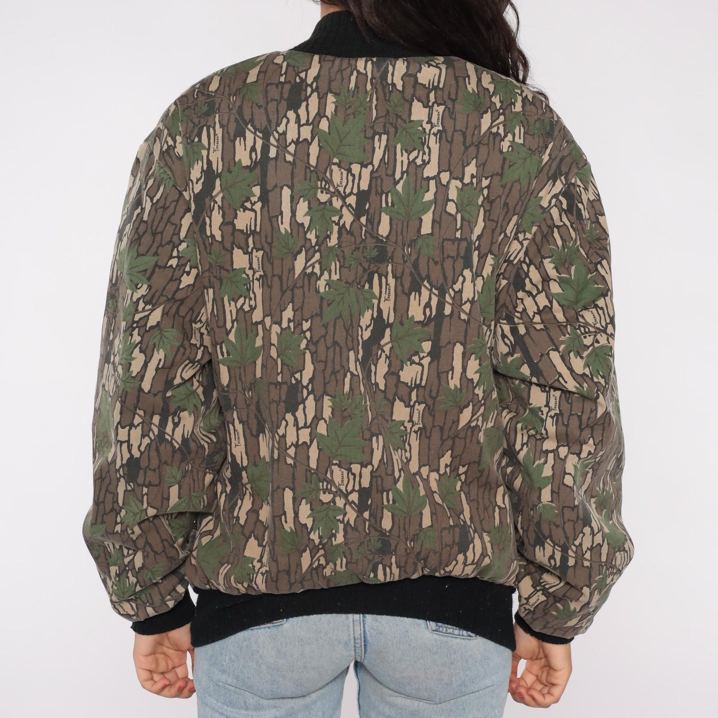 90s Camo Bomber Jacket Bark Tree Leaf Print Quilted Lined Medium