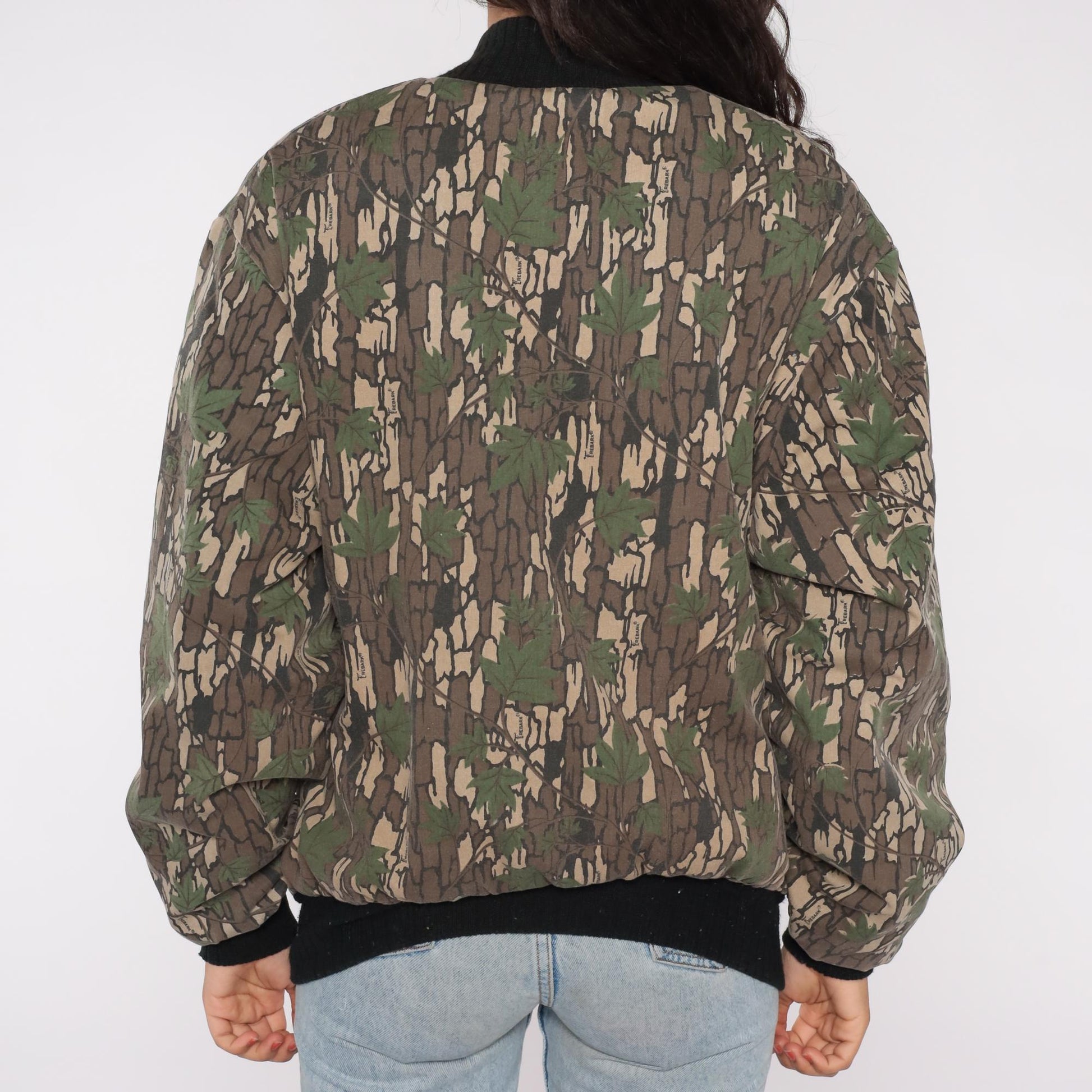 90s Camo Bomber Jacket Bark Tree Leaf Print Quilted Lined Medium