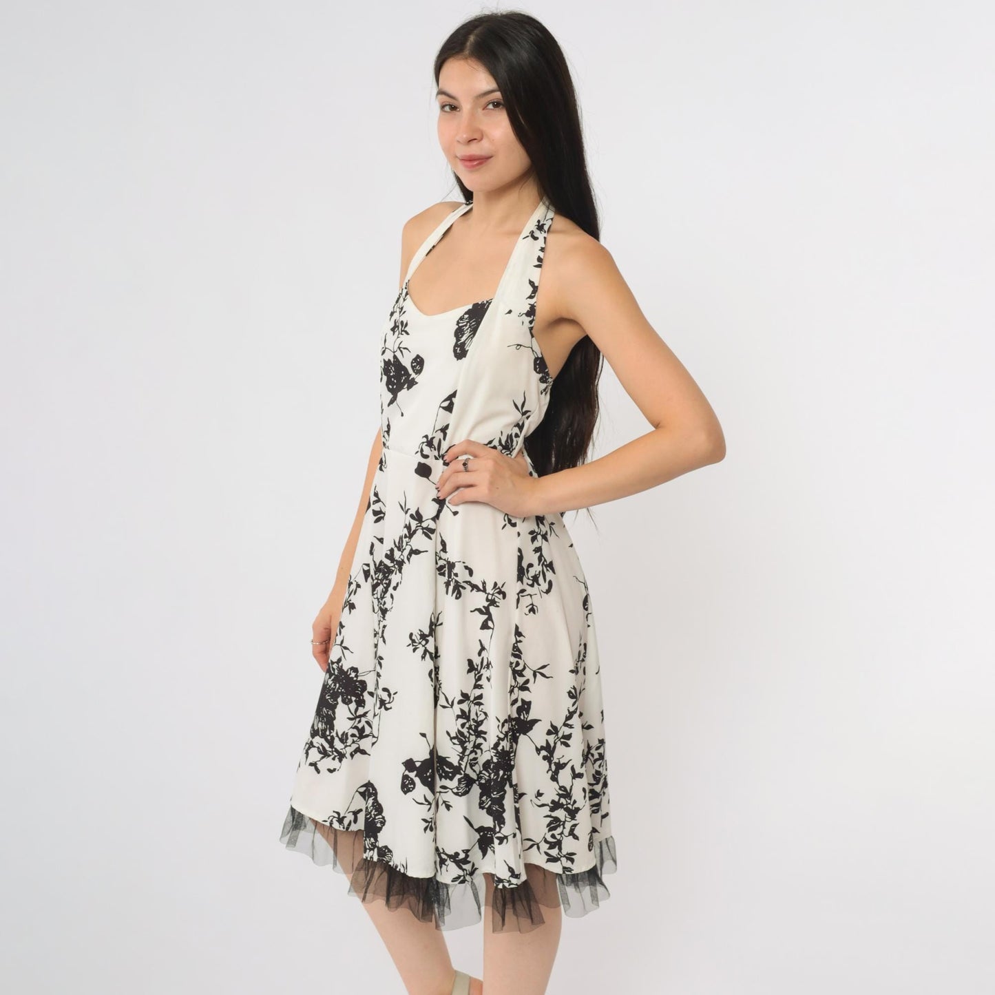 Y2K Black White Rose Halter Midi Dress Tulle Hem Backless Large L